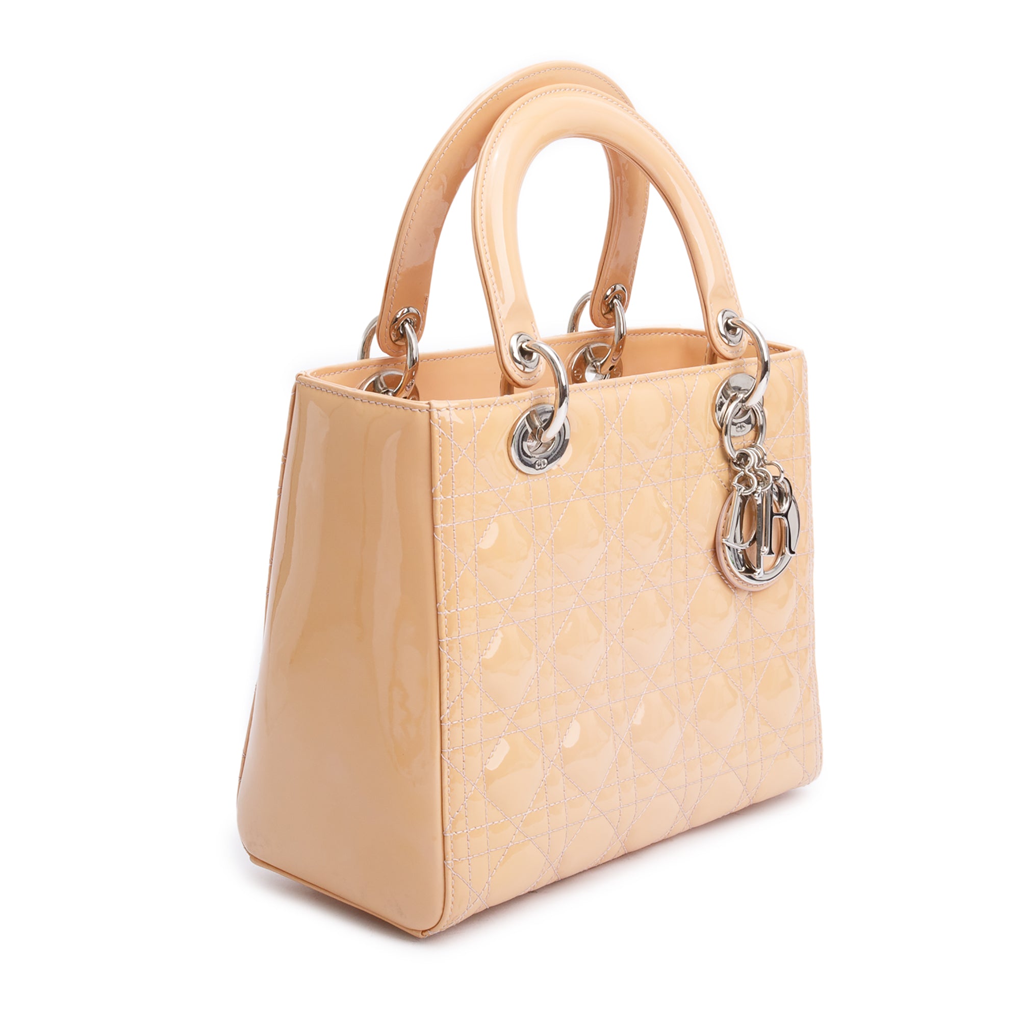 Christian Dior Beige Cannage Patent Leather Small Lady Dior Bag w/ Strap