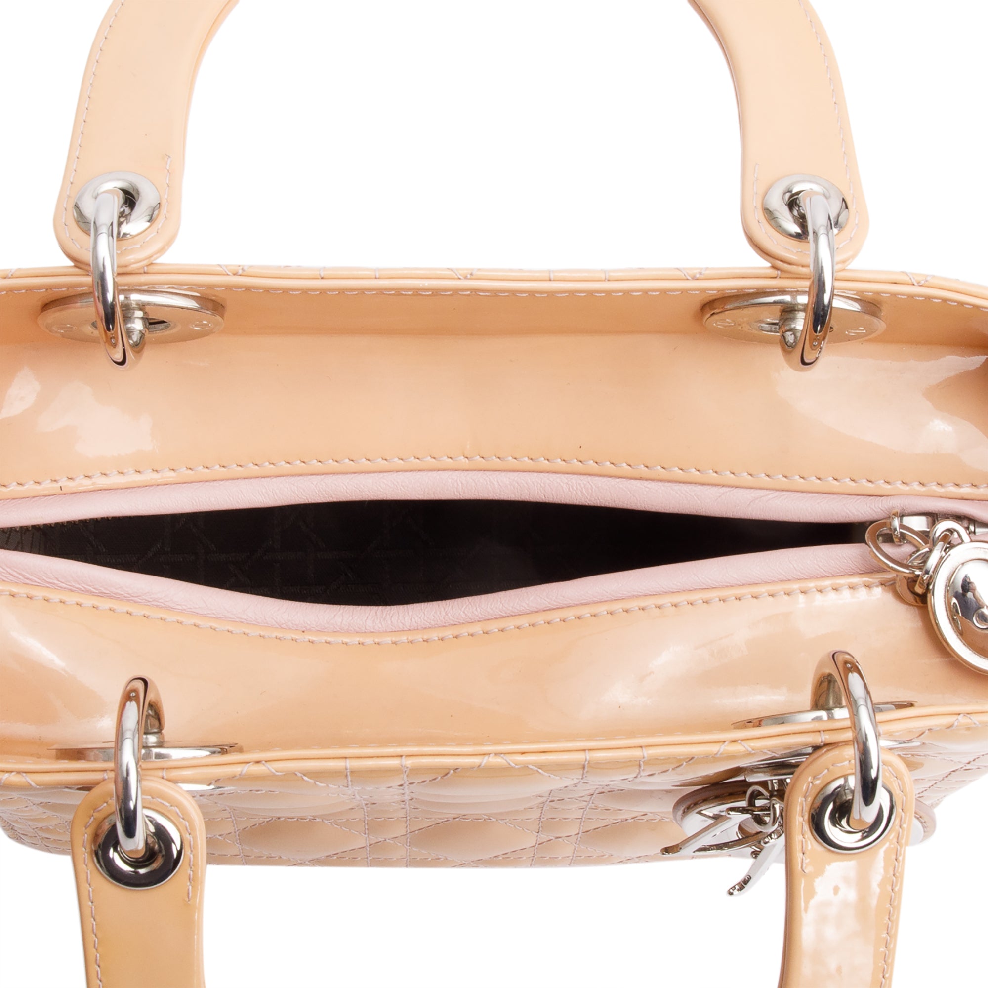 Christian Dior Beige Cannage Patent Leather Small Lady Dior Bag w/ Strap