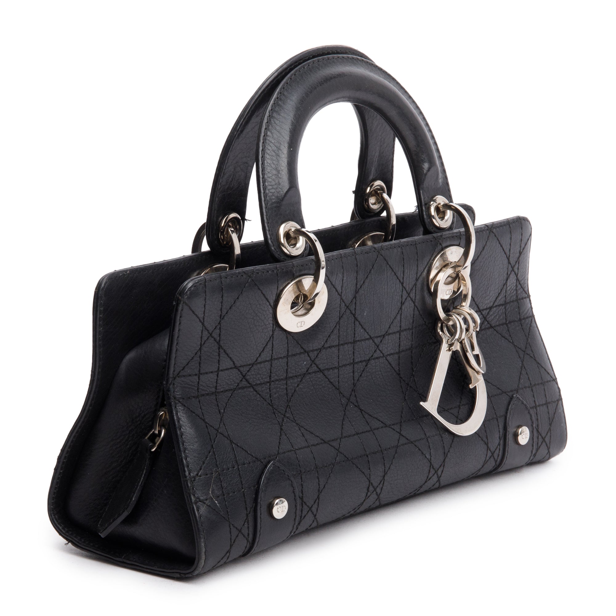 Christian Dior Black Calfskin Cannage Leather Small East West Lady Dior Bag
