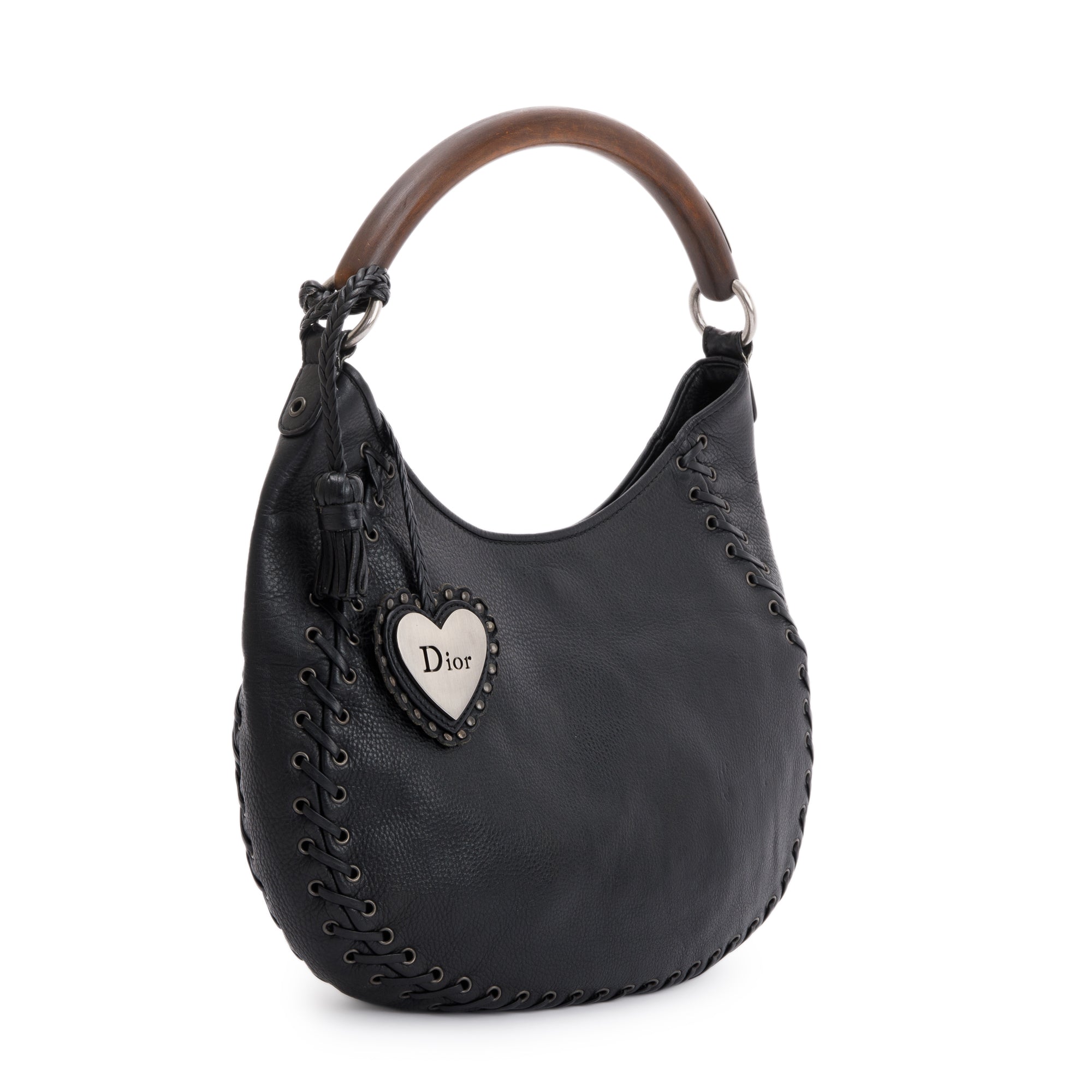 Christian Dior Black Calfskin Leather Wooden Handle Ethnic Braided Hobo