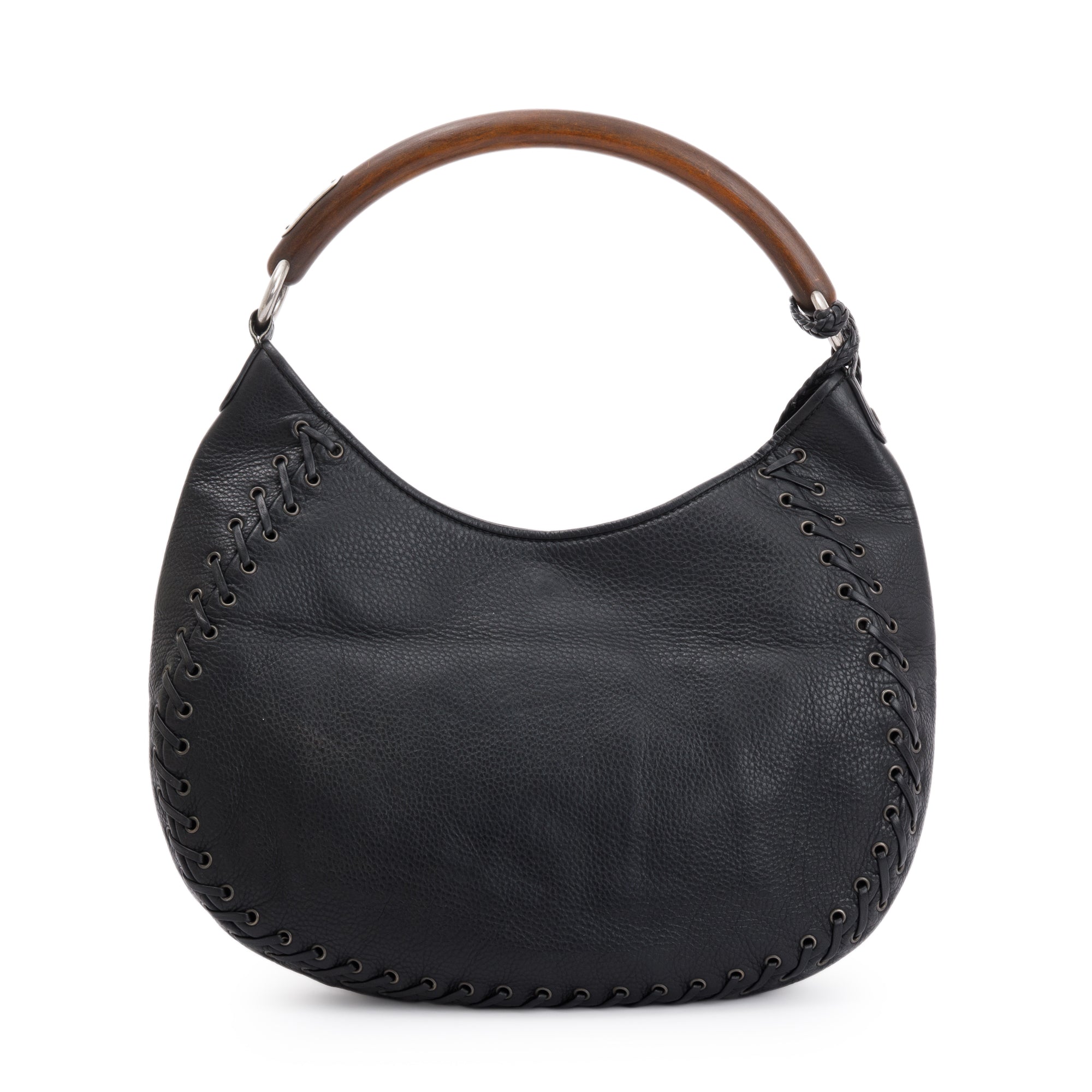 Christian Dior Black Calfskin Leather Wooden Handle Ethnic Braided Hobo