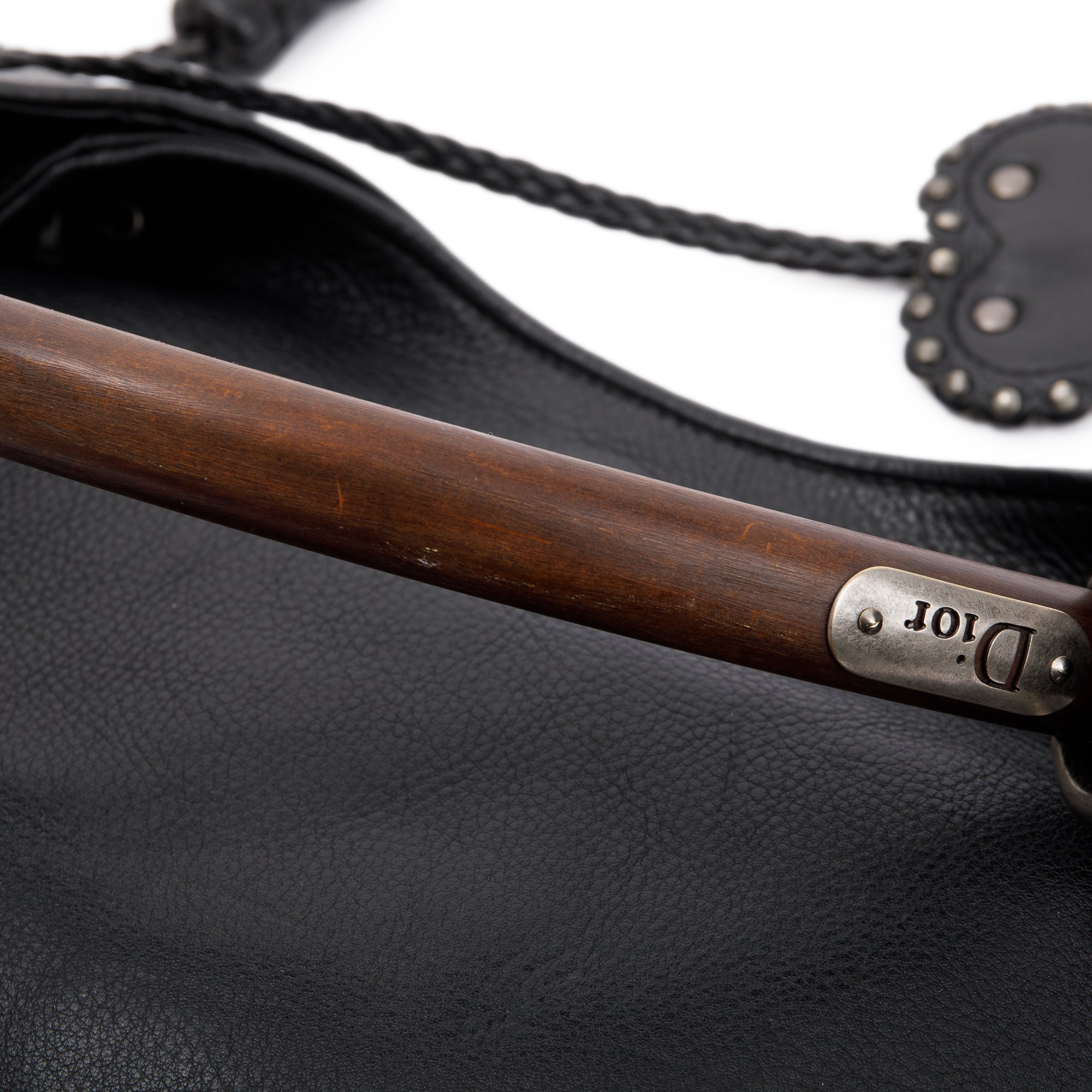 Christian Dior Black Calfskin Leather Wooden Handle Ethnic Braided Hobo