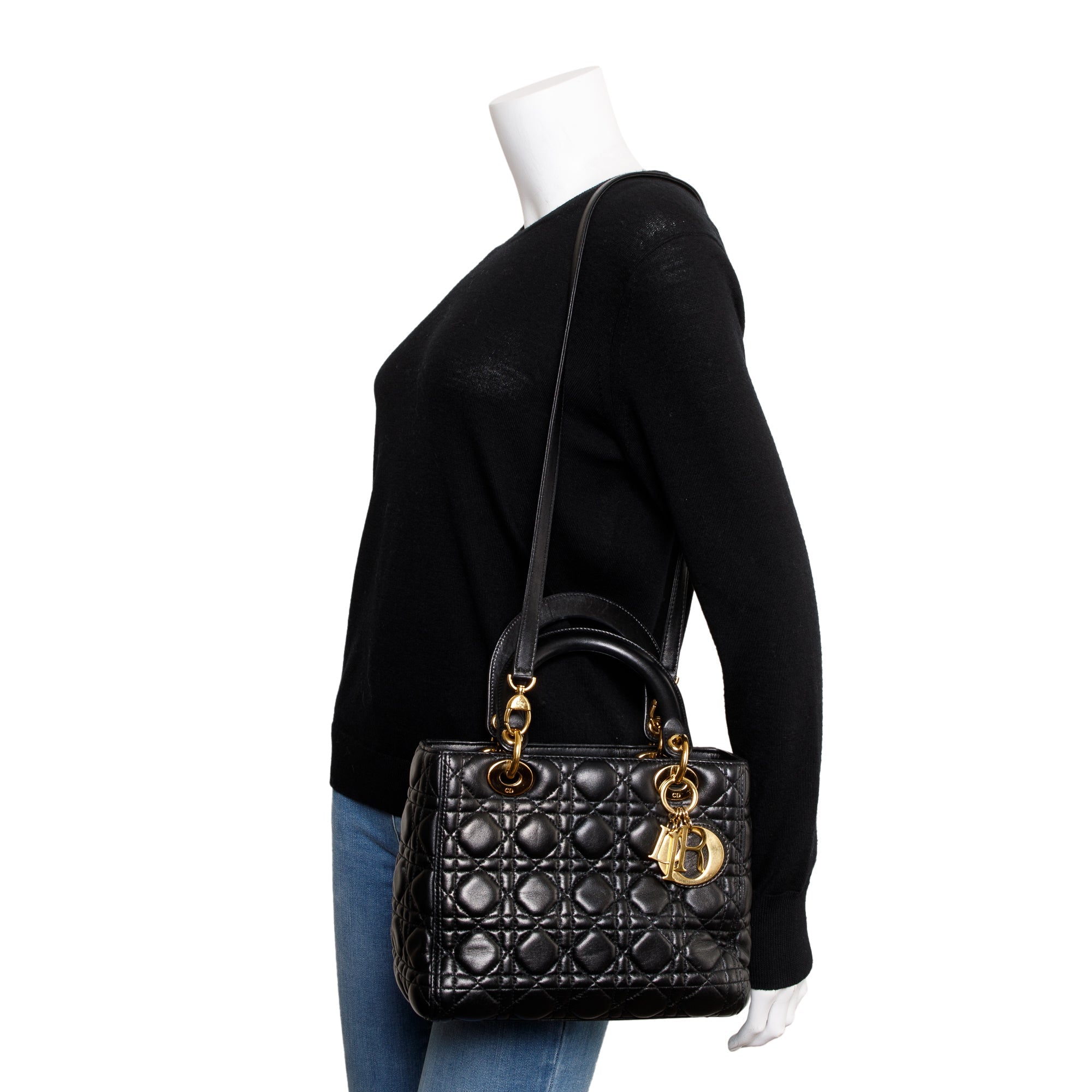 Christian Dior Black Cannage Lambskin Leather Medium Lady Dior Bag w/ Strap