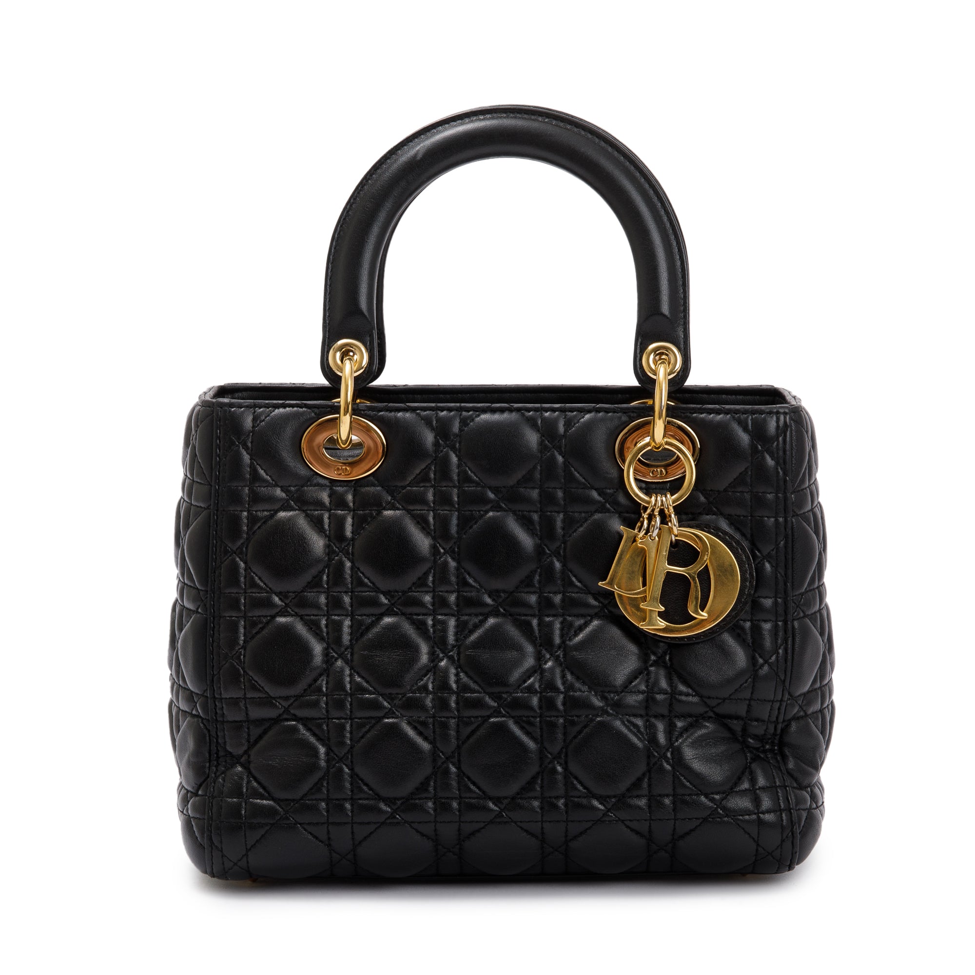 Christian Dior Black Cannage Lambskin Leather Medium Lady Dior Bag w/ Strap