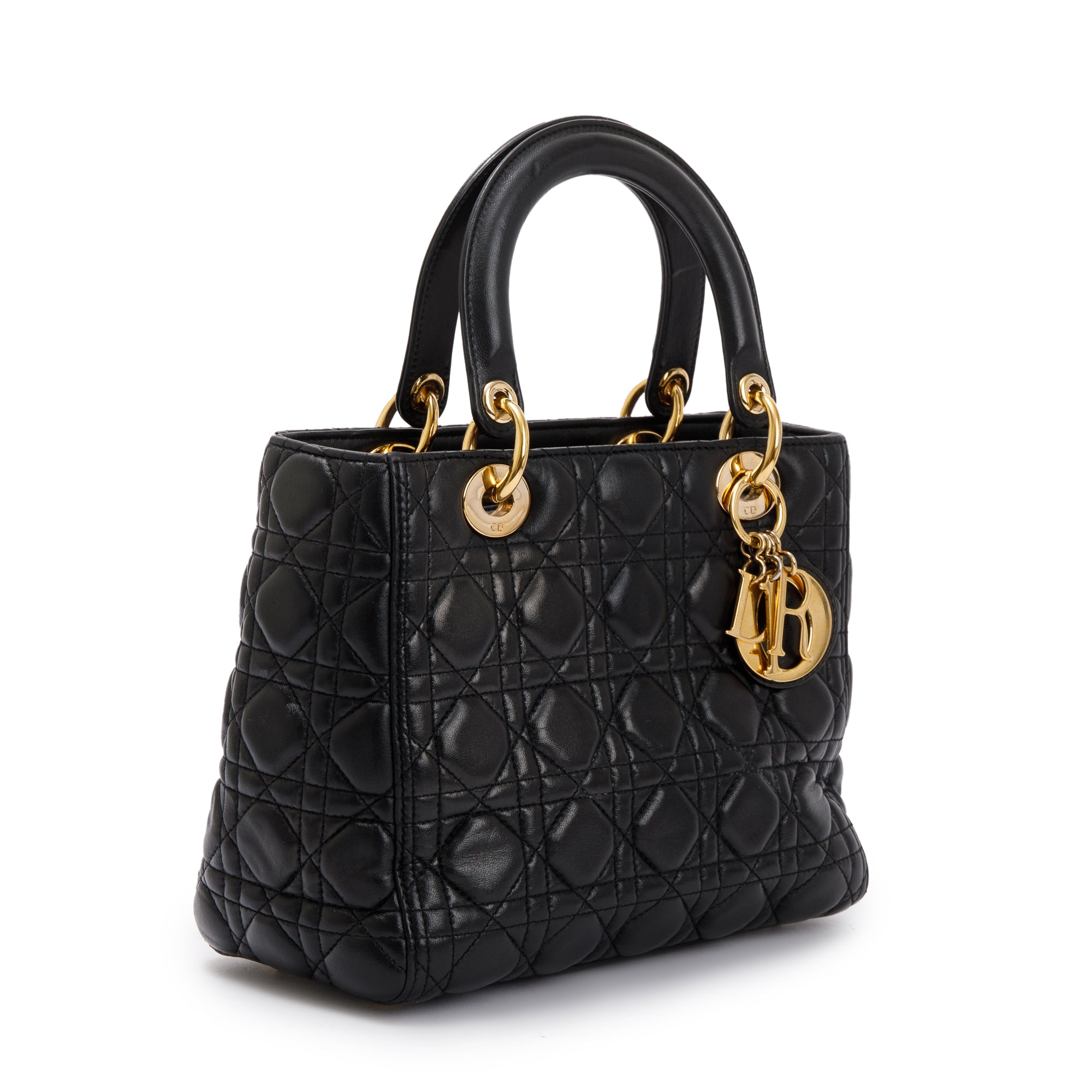 Christian Dior Black Cannage Lambskin Leather Medium Lady Dior Bag w/ Strap