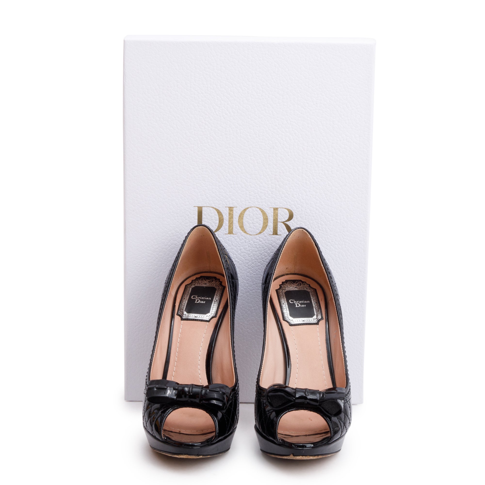 Christian Dior Black Cannage Patent Leather Bow Peep Toe Pumps, Size 35.5 w/ Box
