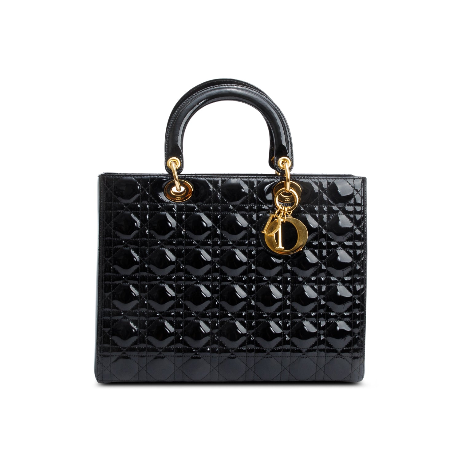 Christian Dior Black Cannage Patent Leather Large Lady Dior Bag w/ Strap & Authenticity Card