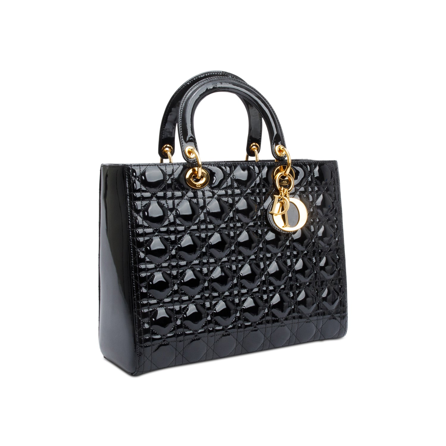 Christian Dior Black Cannage Patent Leather Large Lady Dior Bag w/ Strap & Authenticity Card