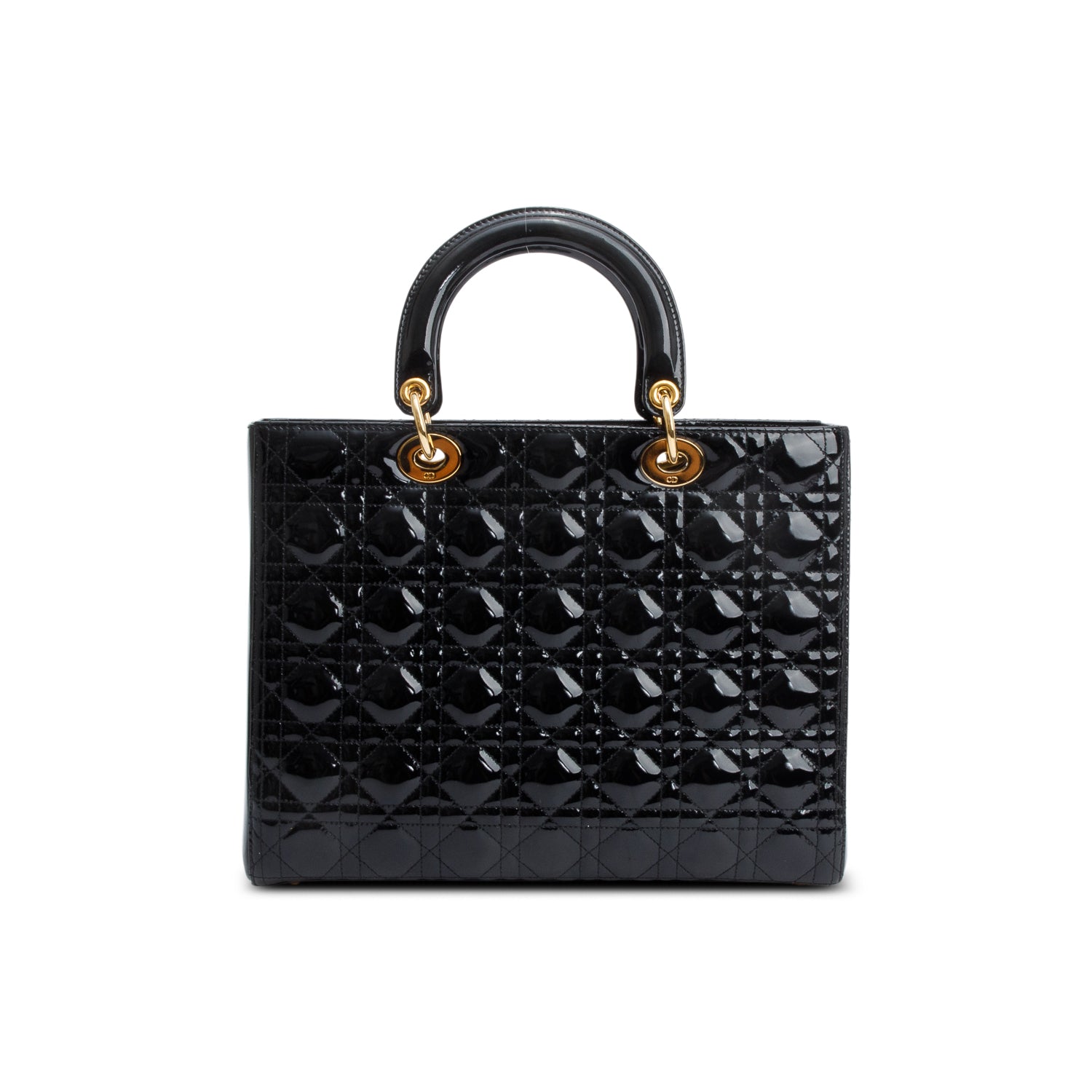 Christian Dior Black Cannage Patent Leather Large Lady Dior Bag w/ Strap & Authenticity Card