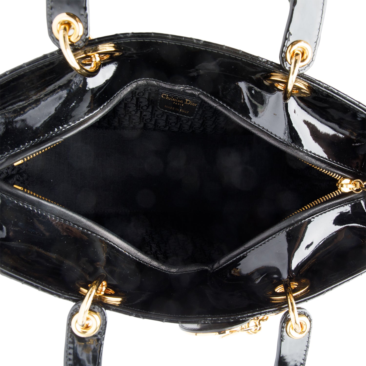 Christian Dior Black Cannage Patent Leather Large Lady Dior Bag w/ Strap & Authenticity Card