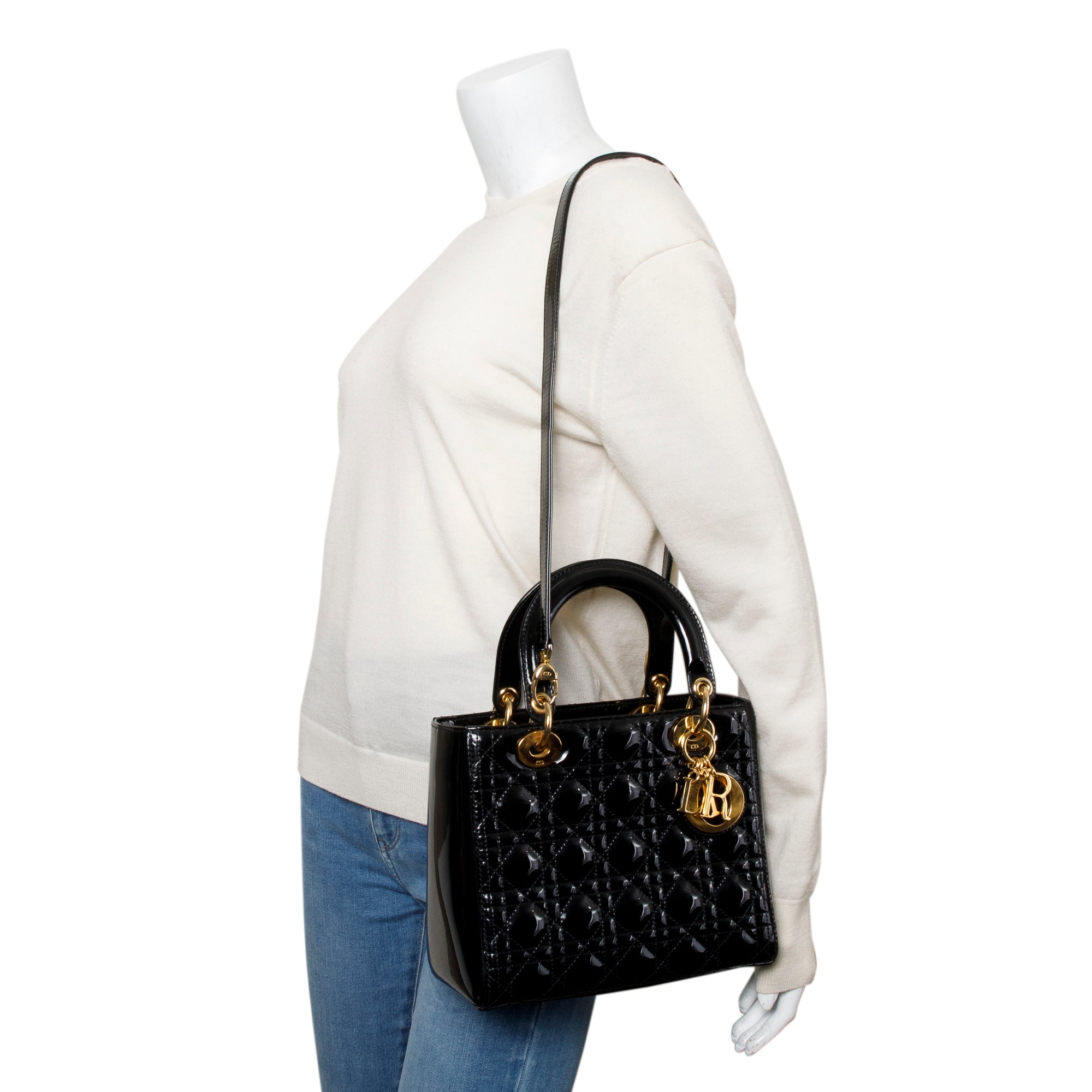 Christian Dior Black Cannage Patent Leather Medium Lady Dior Bag w/ Strap