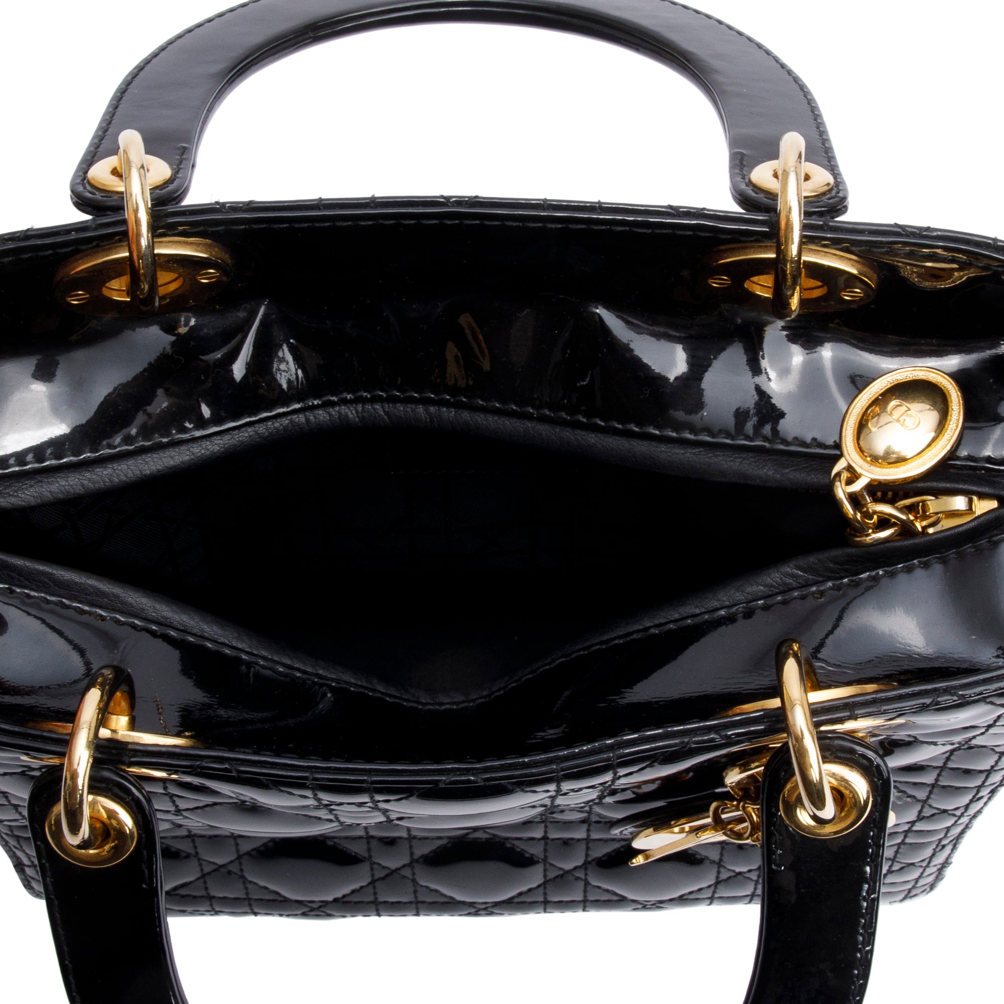 Christian Dior Black Cannage Patent Leather Medium Lady Dior Bag w/ Strap