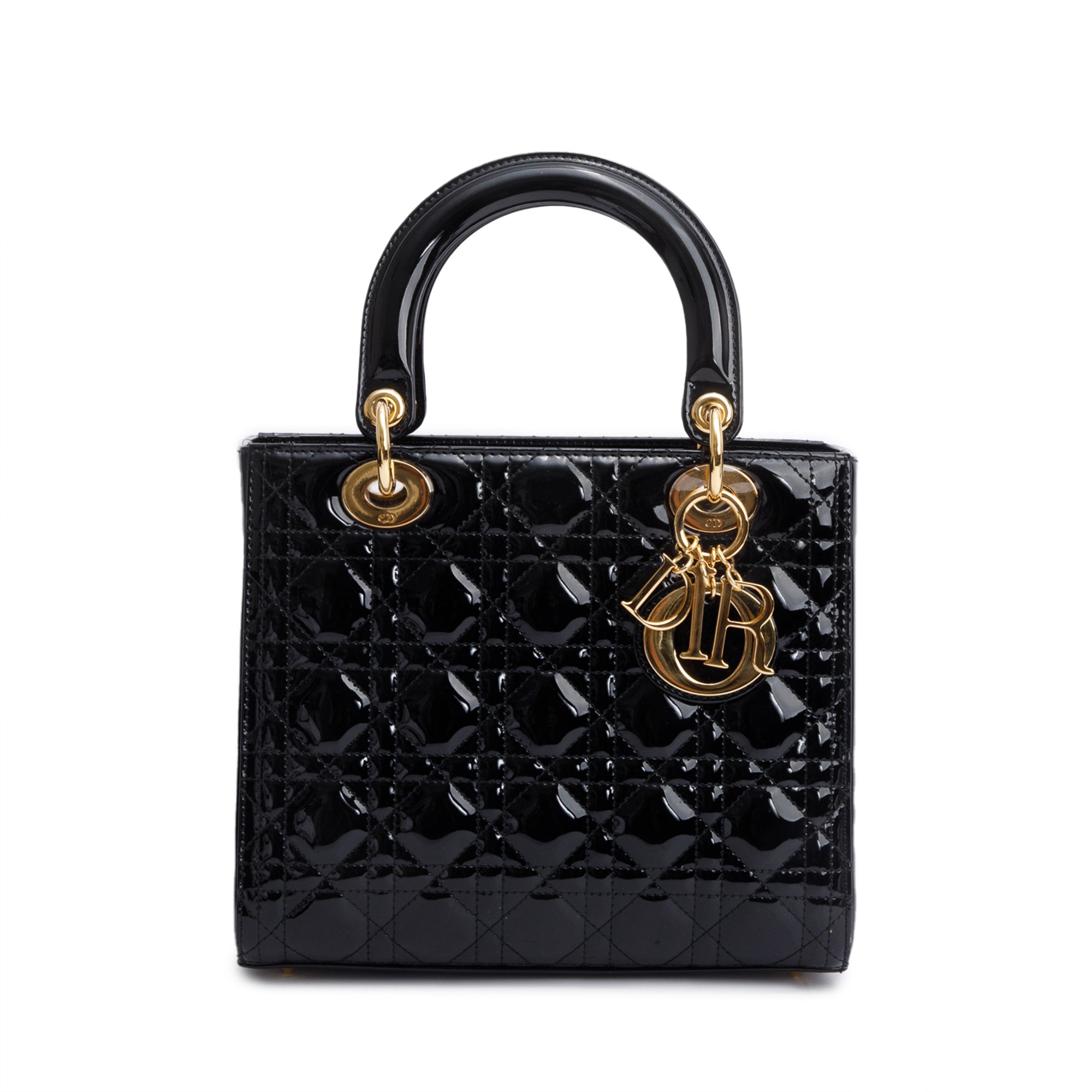 Christian Dior Black Cannage Patent Leather Medium Lady Dior Bag w/ Strap & Authenticity Card