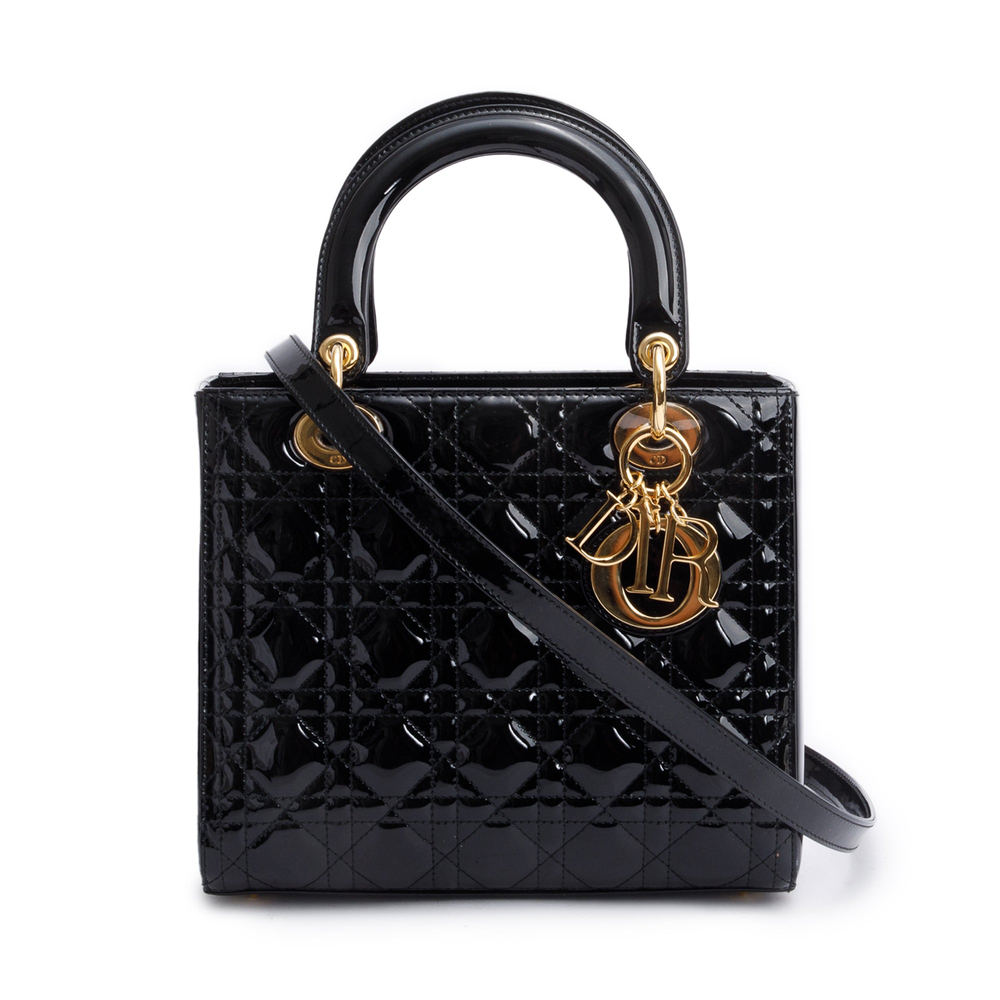 Christian Dior Black Cannage Patent Leather Medium Lady Dior Bag w/ Strap & Authenticity Card