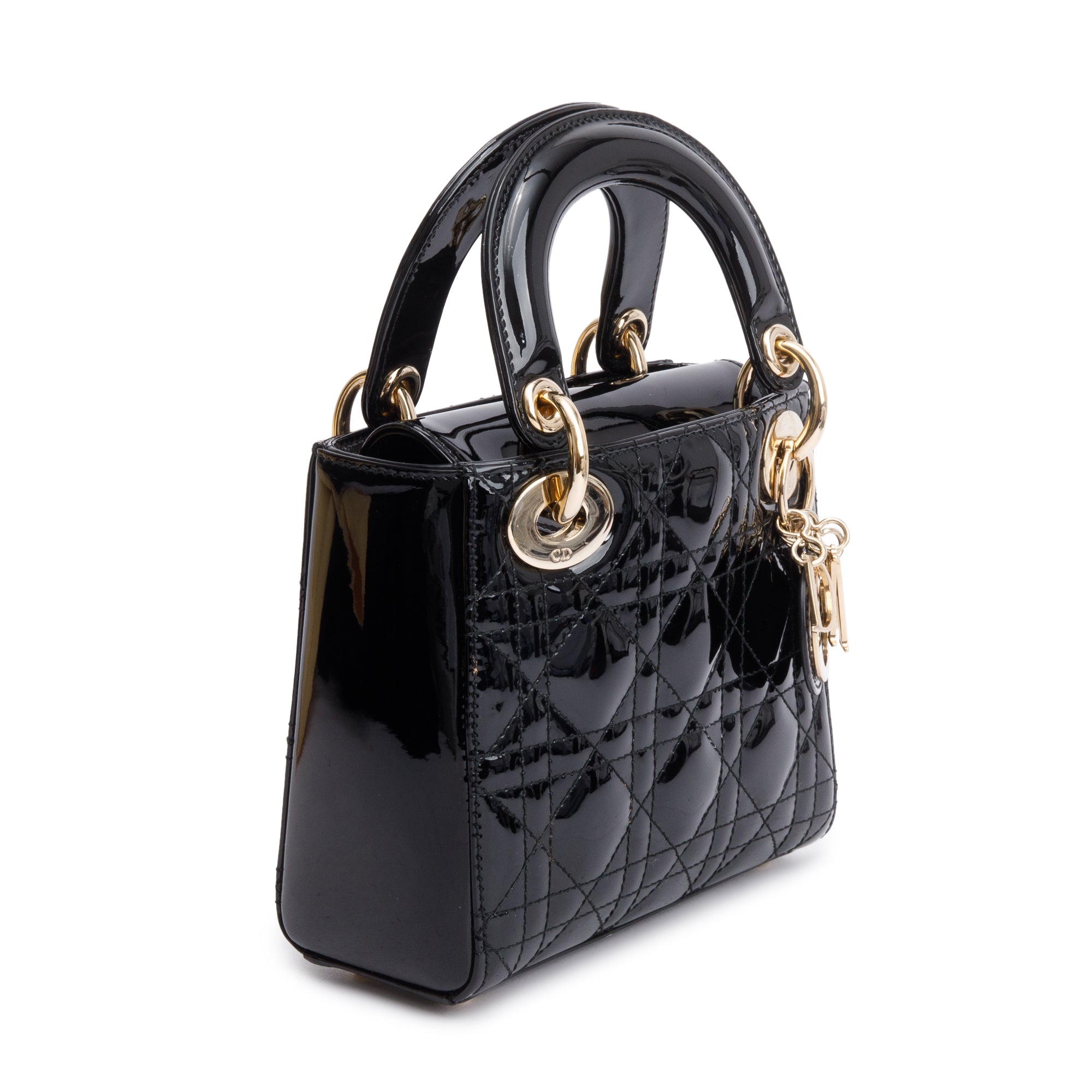 Christian Dior Black Cannage Patent Leather Mini Lady Dior Bag w/ Box