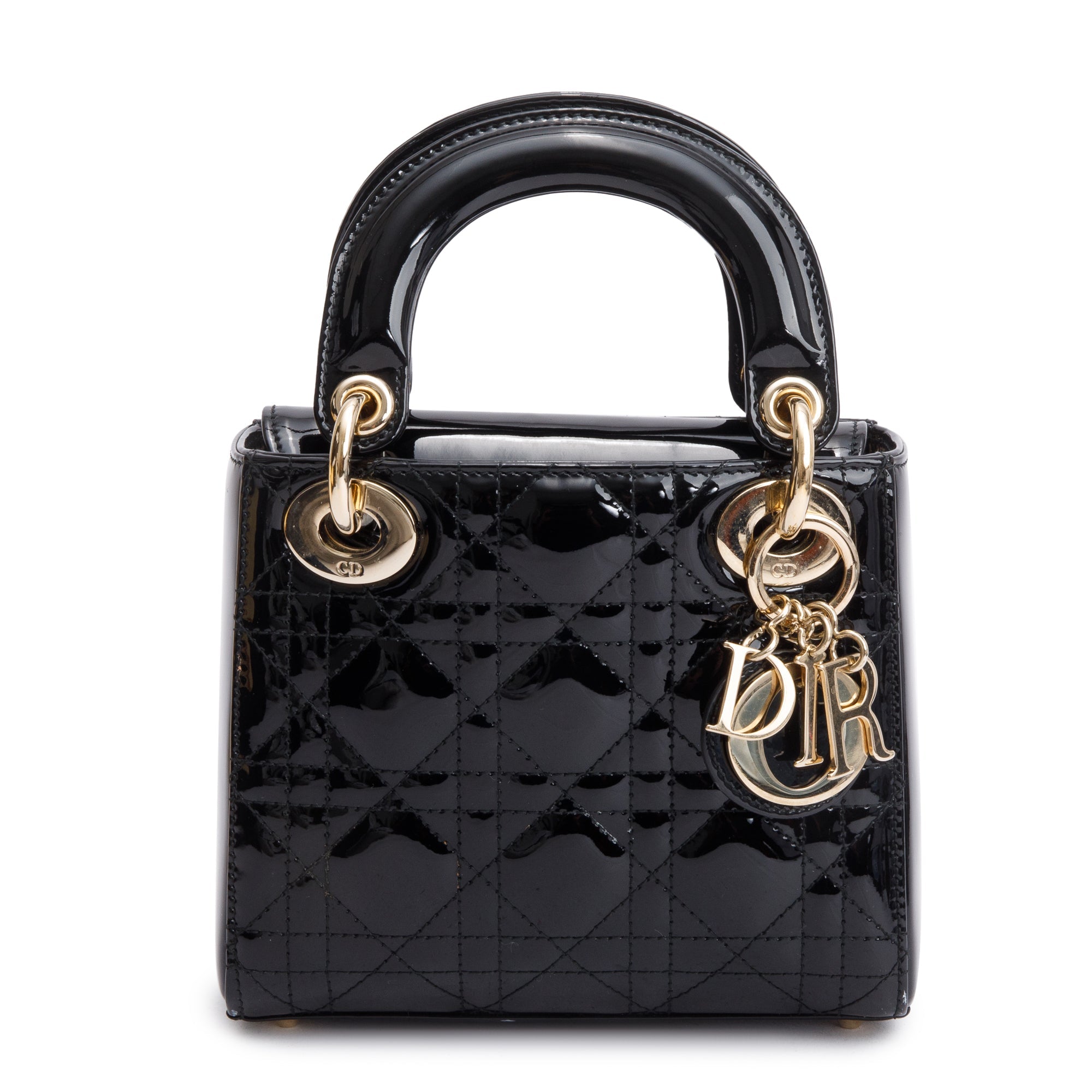 Christian Dior Black Cannage Patent Leather Mini Lady Dior Bag w/ Box