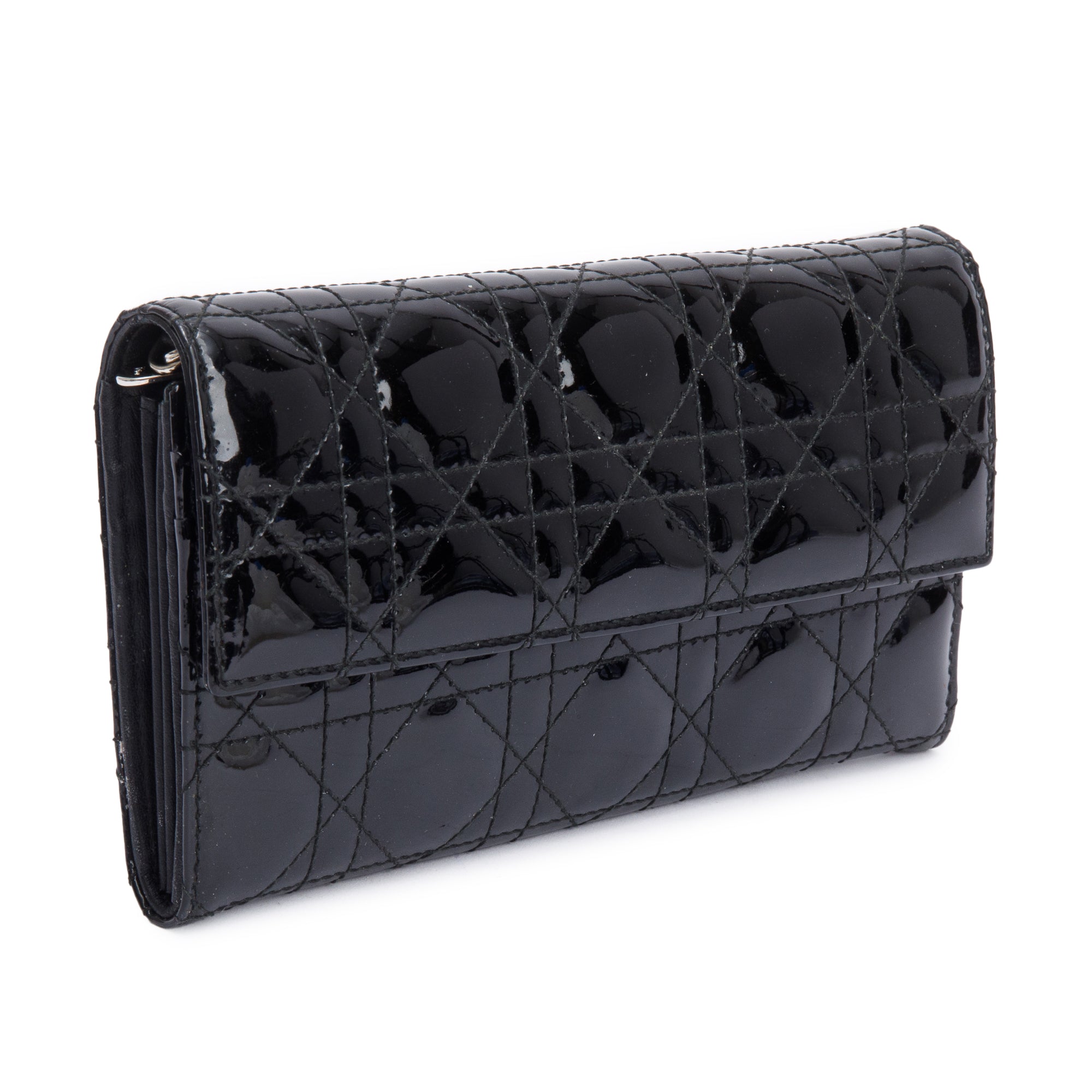 Christian Dior Black Cannage Patent Leather Rendezvous Wallet on Chain