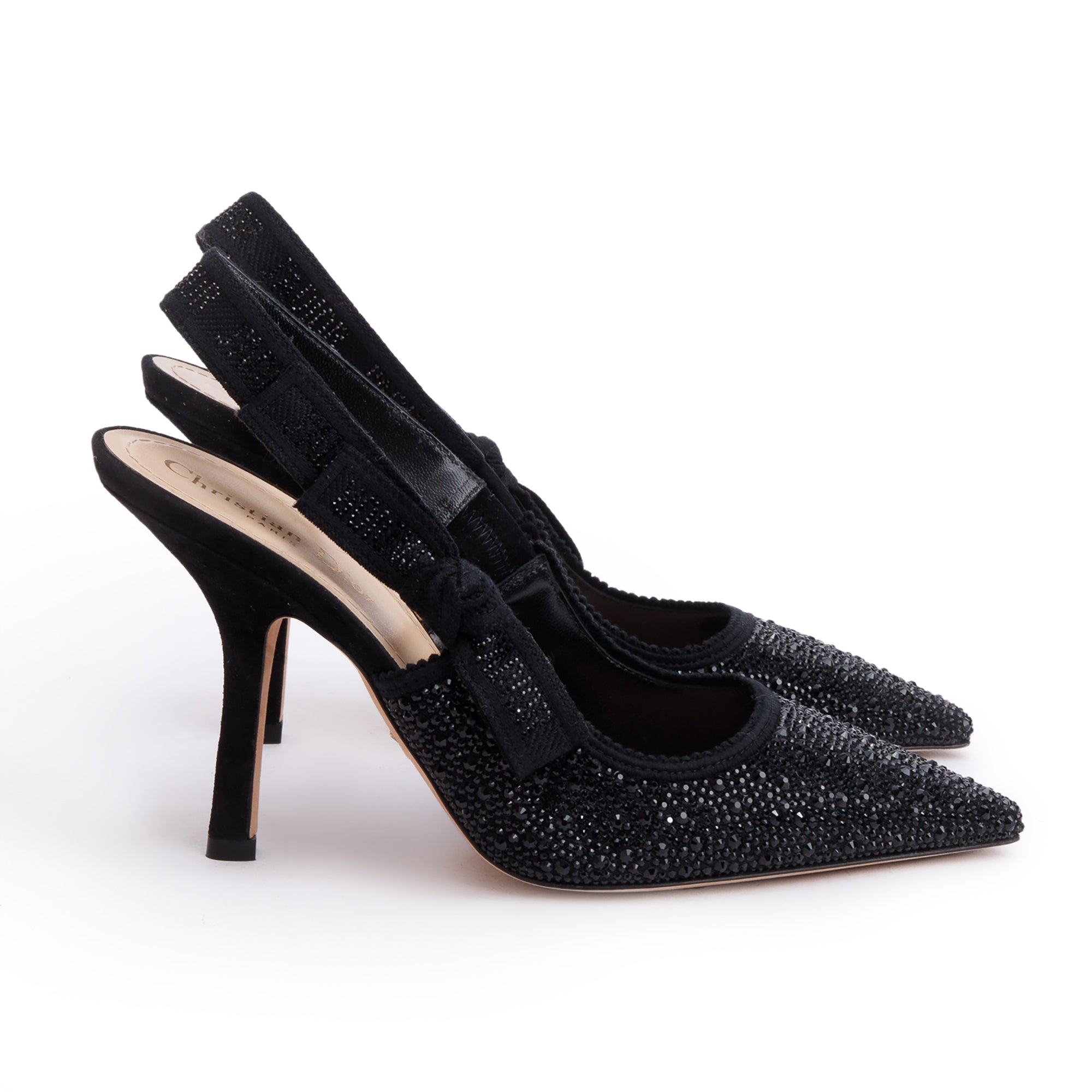 Christian Dior Black Leather Crystal Embellished J'Adior Slingback Pumps, Size 38 w/ Box