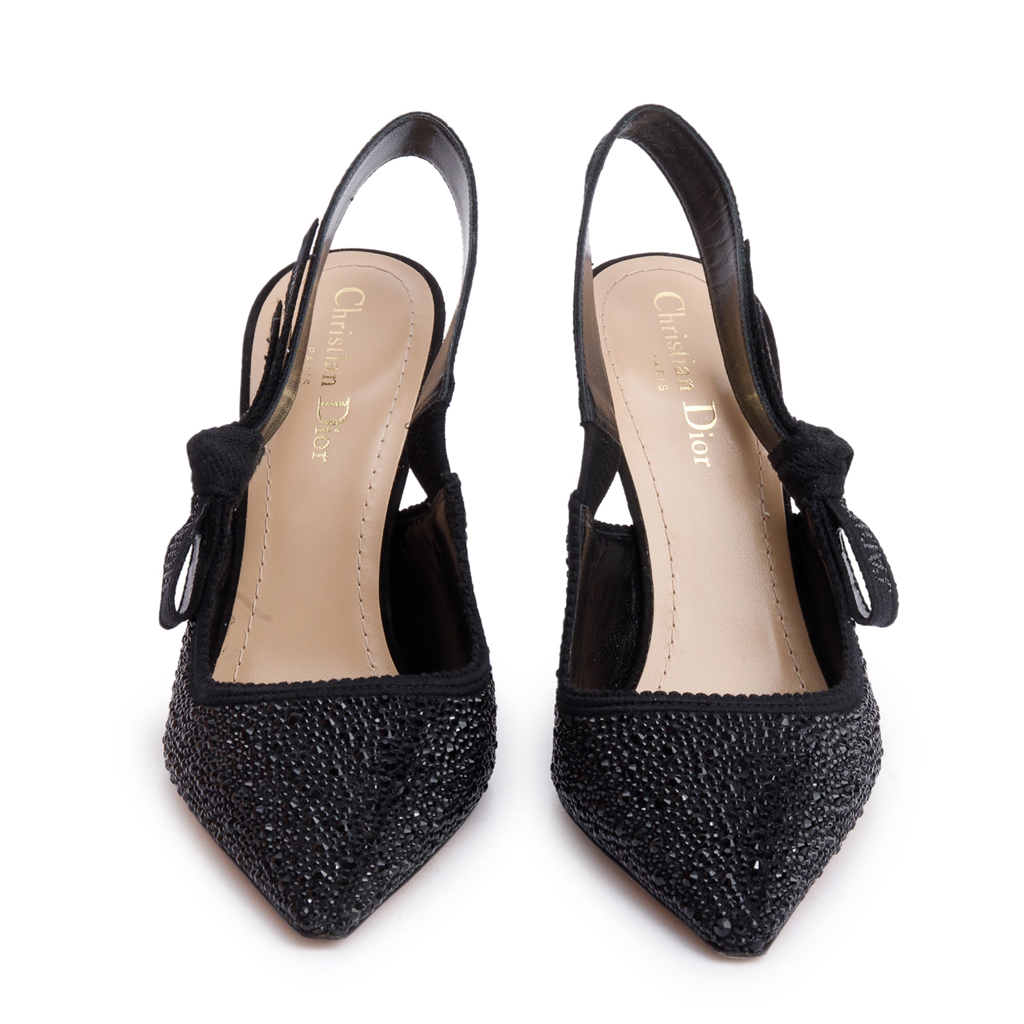 Christian Dior Black Leather Crystal Embellished J'Adior Slingback Pumps, Size 38 w/ Box