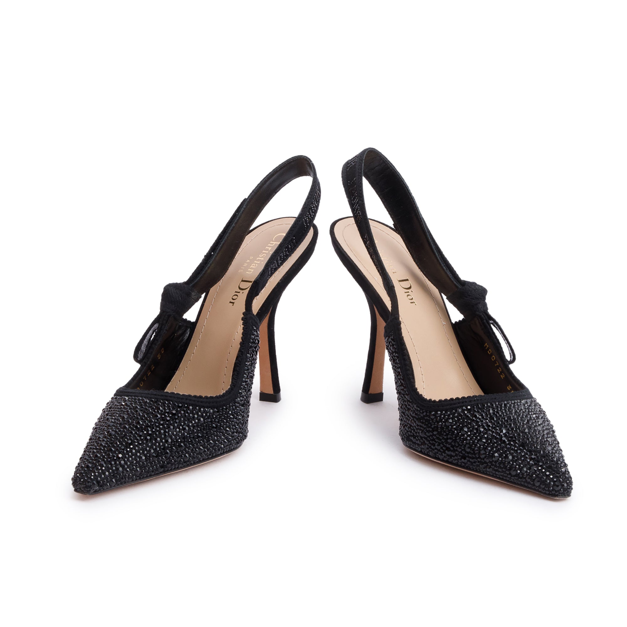 Christian Dior Black Leather Crystal Embellished J'Adior Slingback Pumps, Size 38 w/ Box