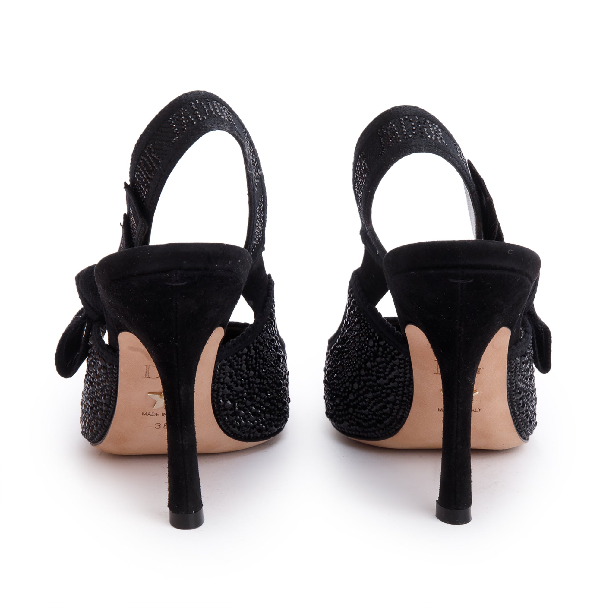 Christian Dior Black Leather Crystal Embellished J'Adior Slingback Pumps, Size 38 w/ Box