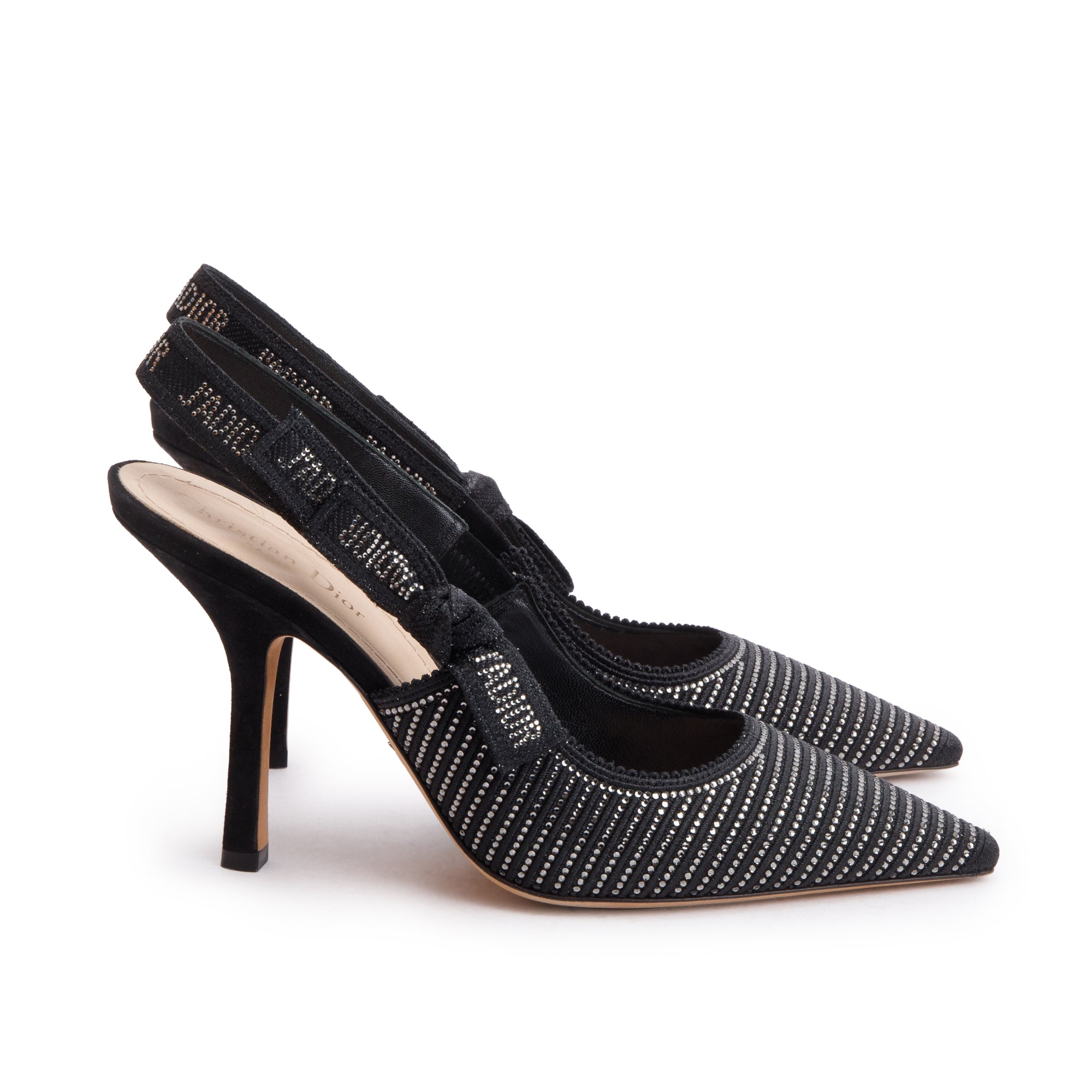 Christian Dior Black Leather Crystal Embellished J'Adior Slingback Pumps, Size 41 w/ Box