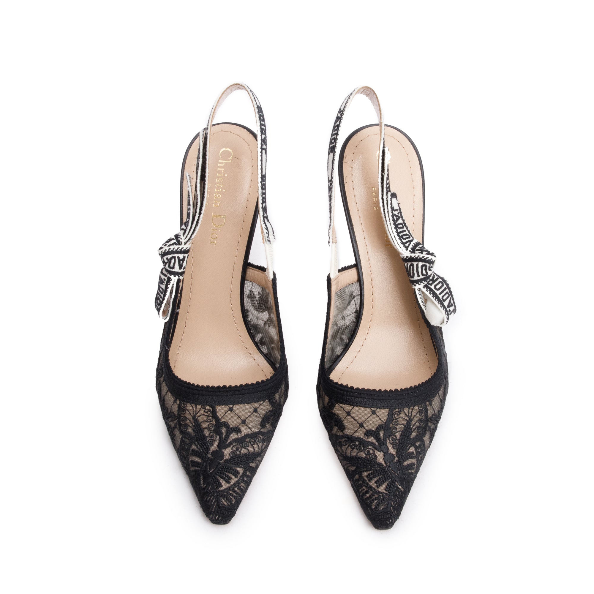 Christian Dior Black Mesh Chardons Embroidery J'Adior Slingback Pumps, Size 37 w/ Box