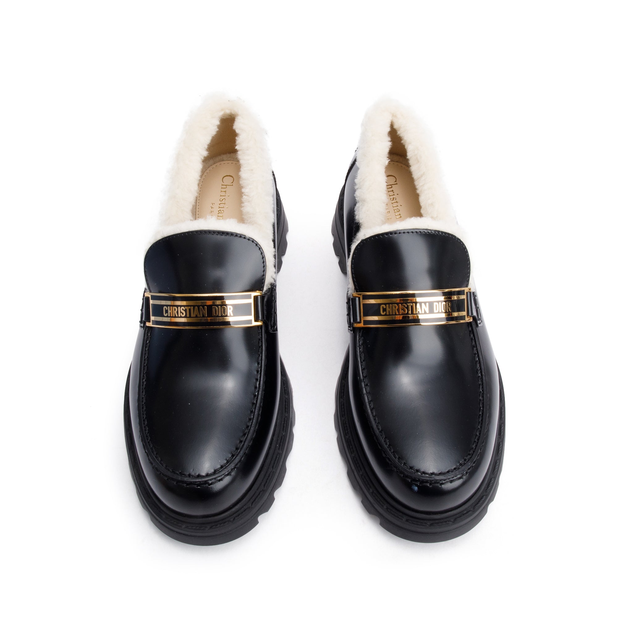Christian Dior Black Smooth Calfskin Leather White Shearling Boy Loafers, Size 39 w/ Box