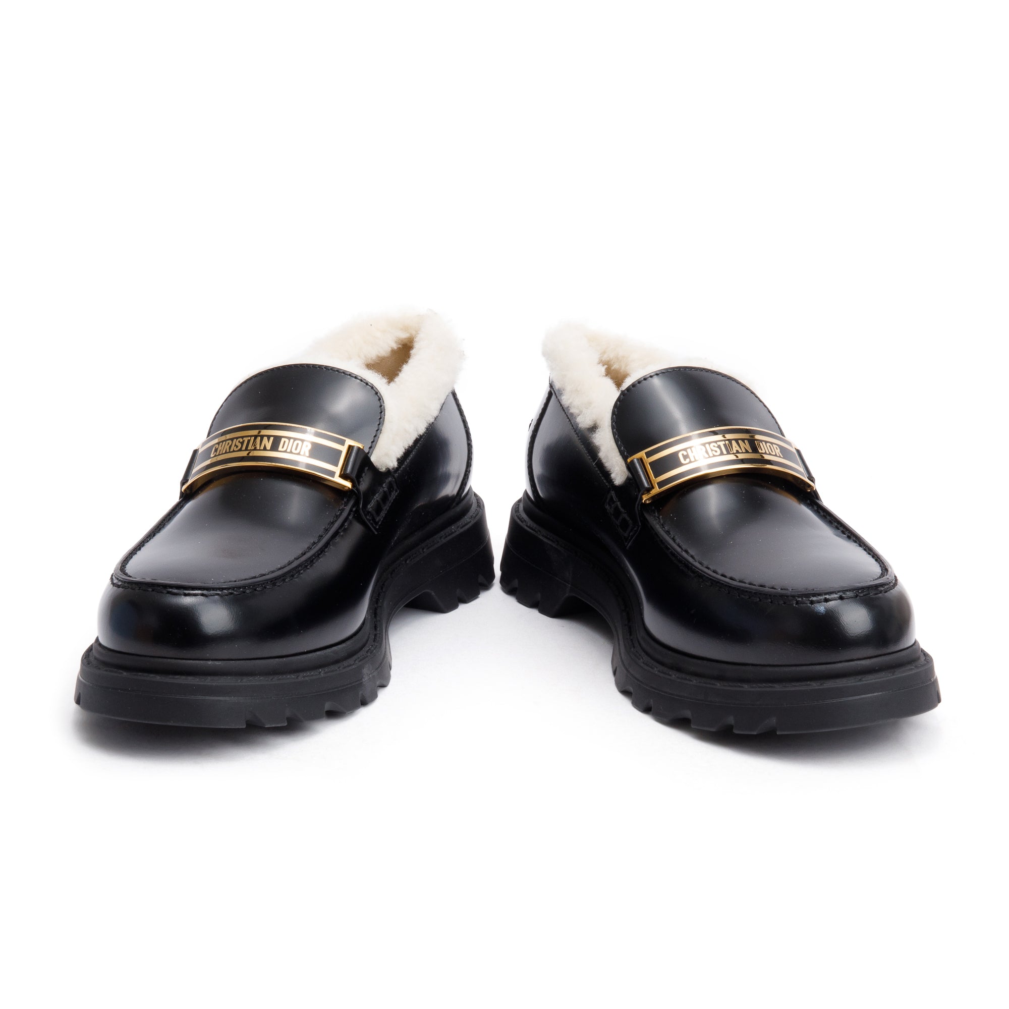 Christian Dior Black Smooth Calfskin Leather White Shearling Boy Loafers, Size 39 w/ Box