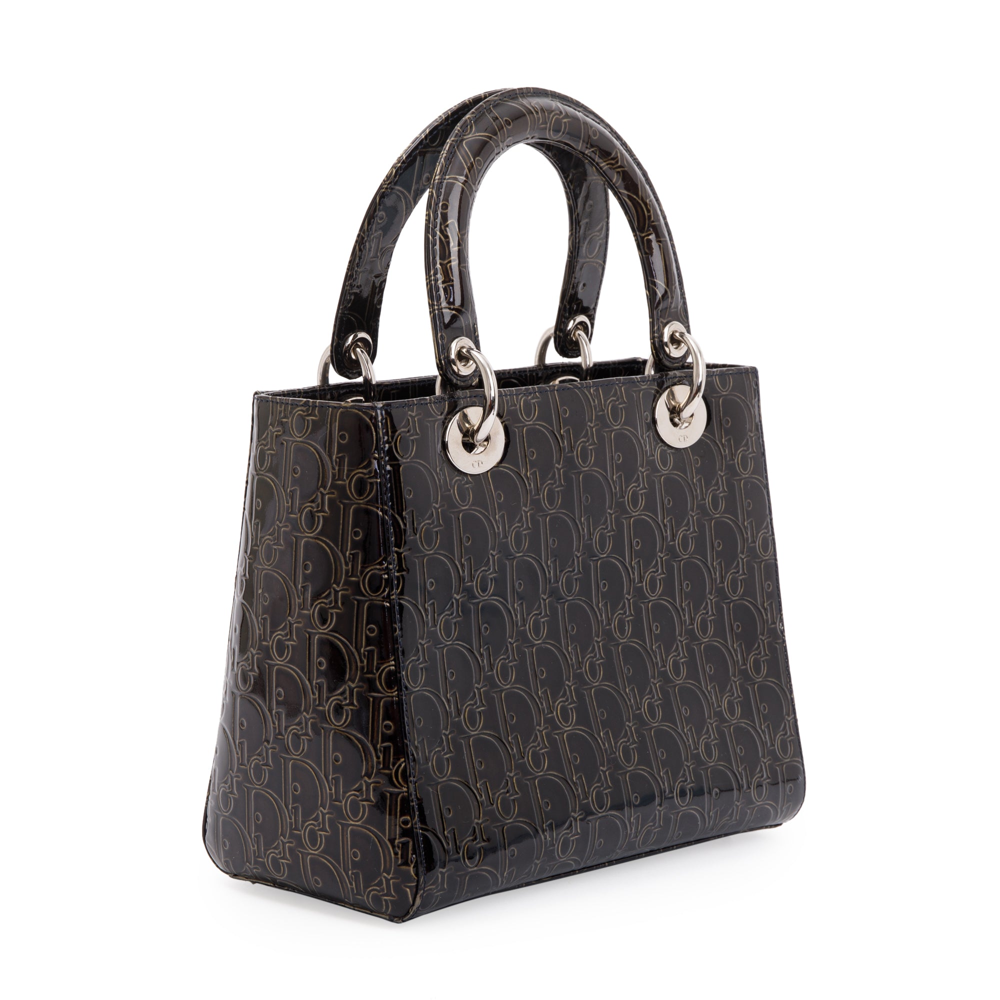 Christian Dior Black Ultimate Embossed Patent Leather Medium Lady Dior Bag w/ Strap