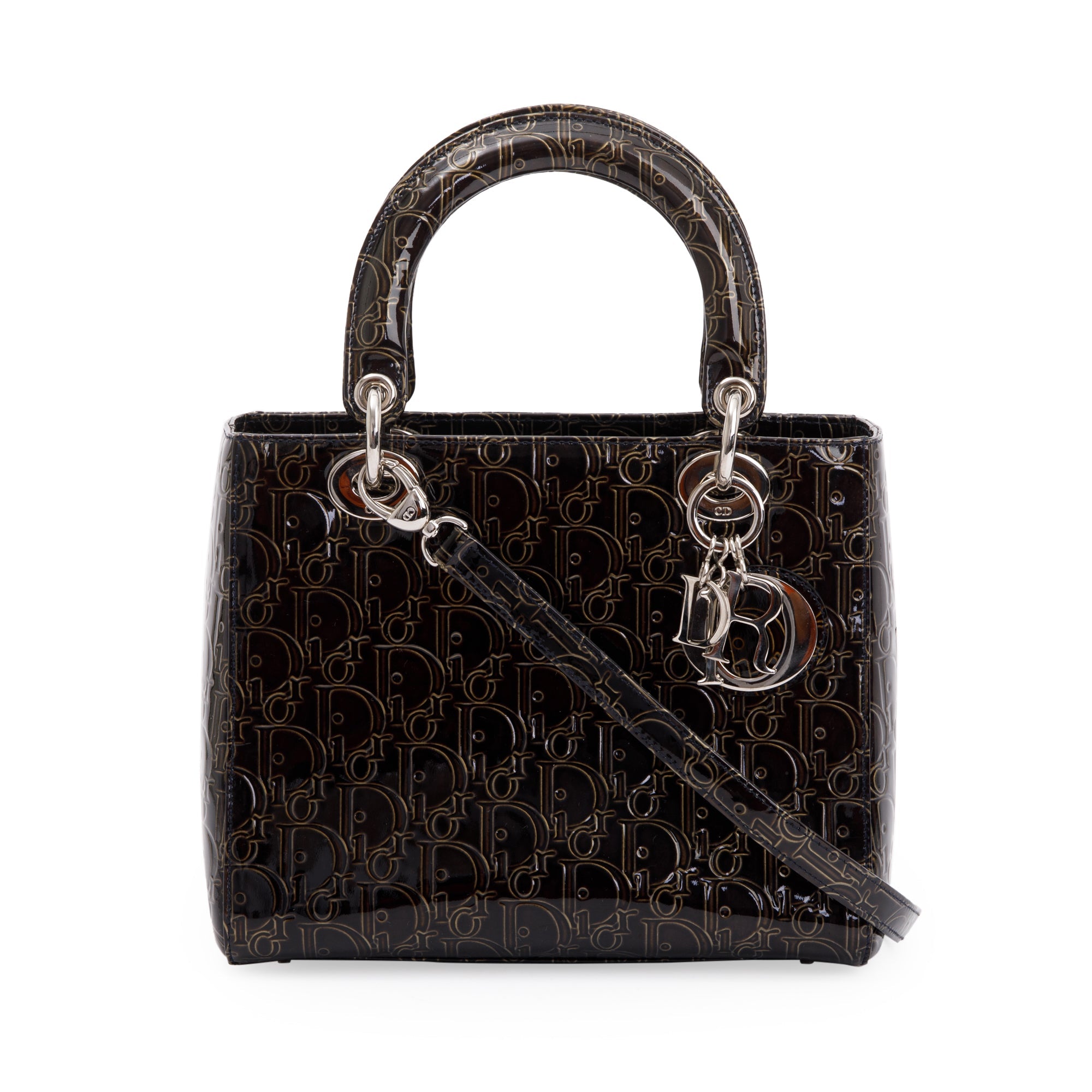 Christian Dior Black Ultimate Embossed Patent Leather Medium Lady Dior Bag w/ Strap