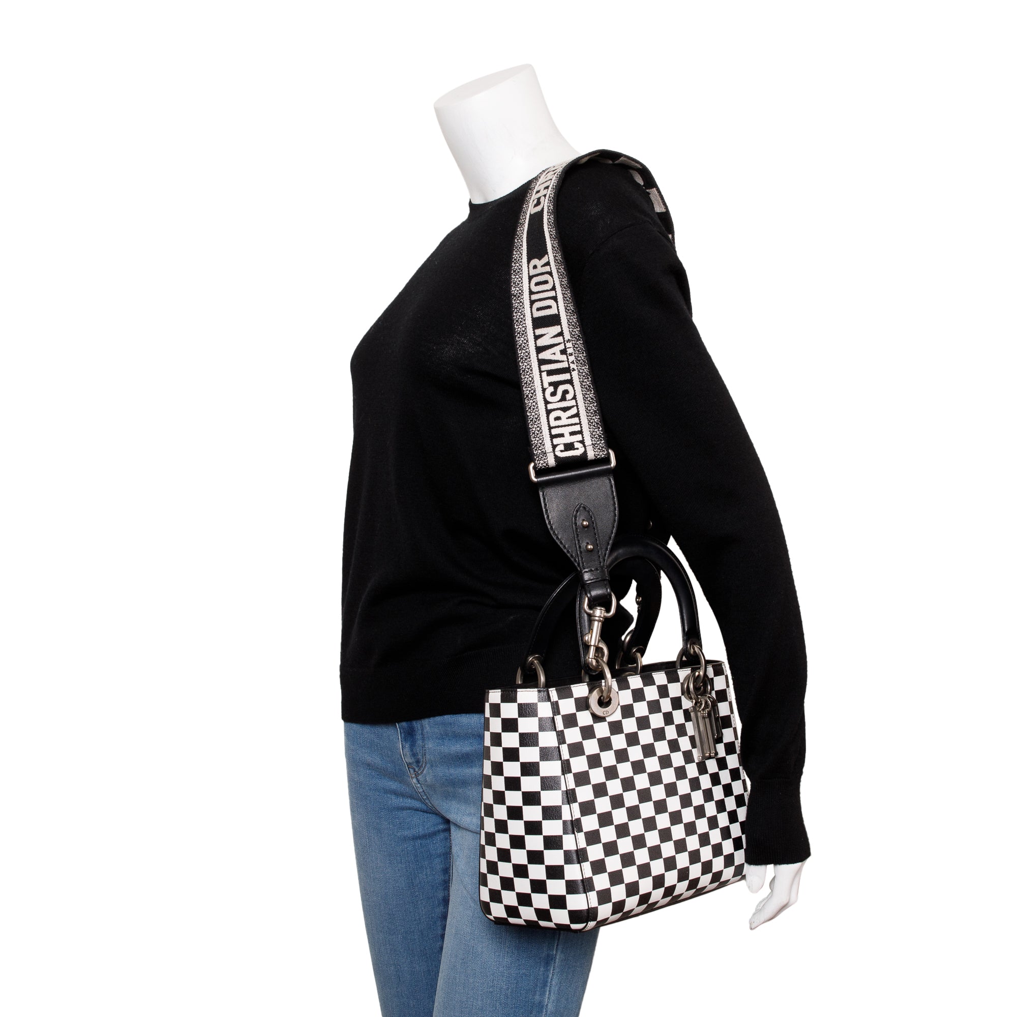 Christian Dior Black & White Check Print Leather Medium Lady Dior Bag w/ Strap, Box & Authenticity Card