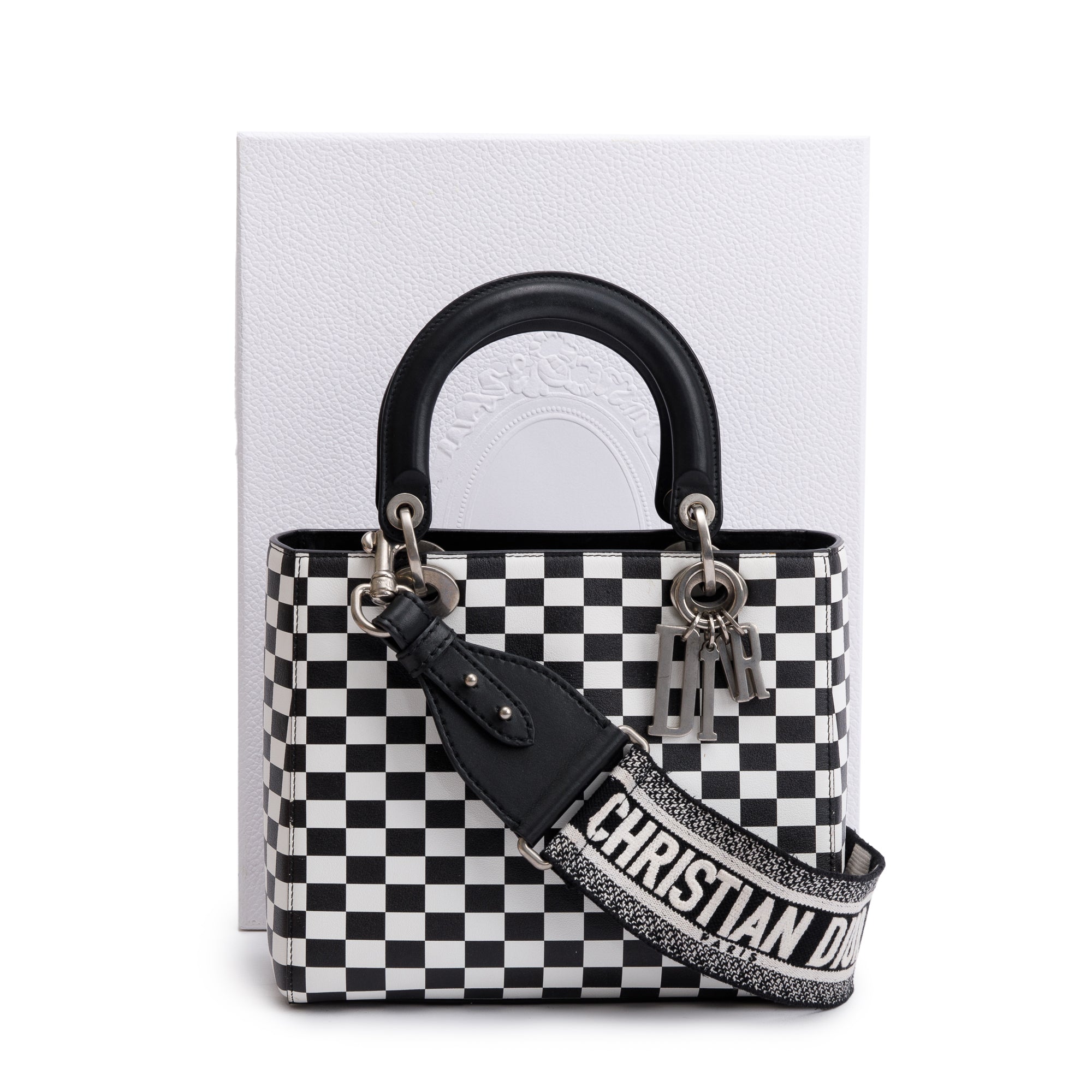 Christian Dior Black & White Check Print Leather Medium Lady Dior Bag w/ Strap, Box & Authenticity Card