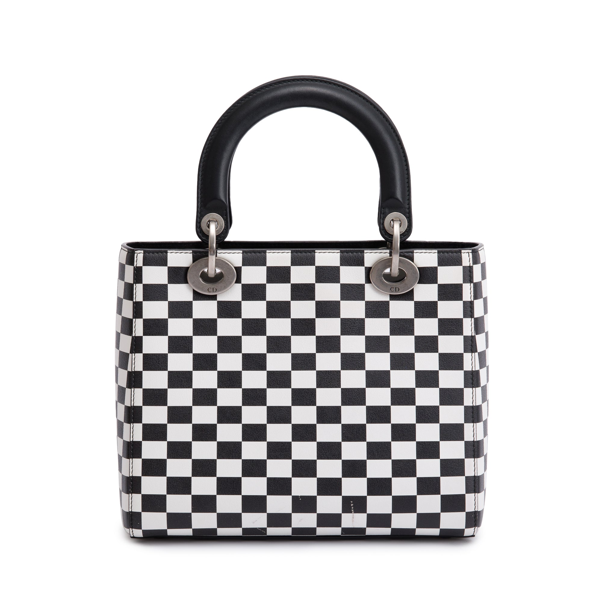Christian Dior Black & White Check Print Leather Medium Lady Dior Bag w/ Strap, Box & Authenticity Card