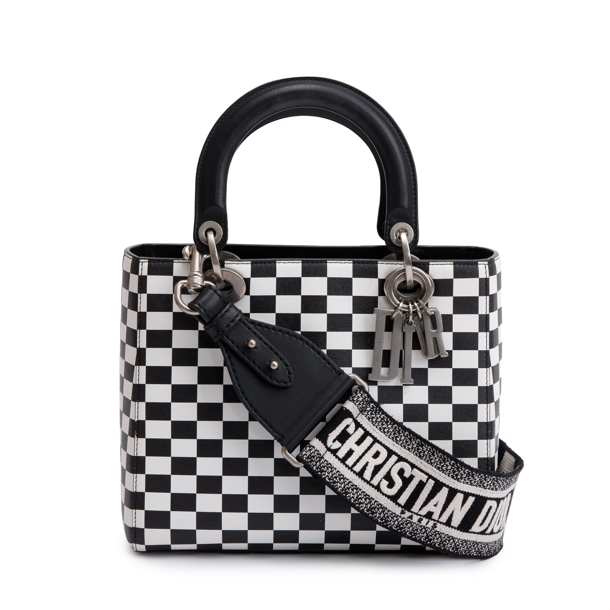 Christian Dior Black & White Check Print Leather Medium Lady Dior Bag w/ Strap, Box & Authenticity Card