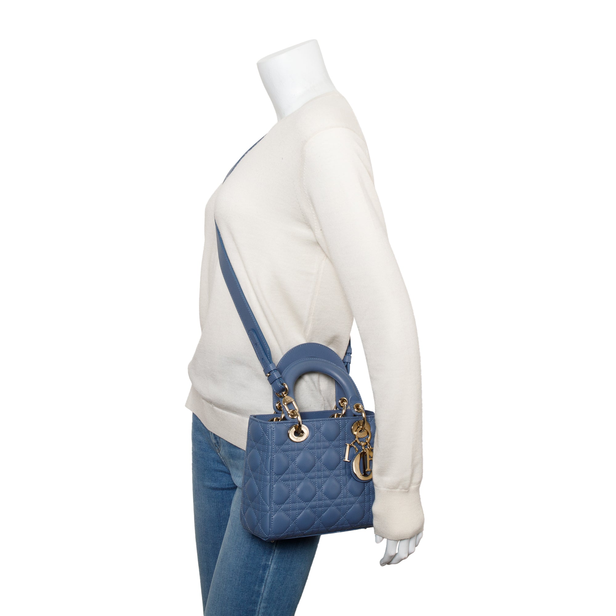 Christian Dior Blue Cannage Leather Small Lady Dior Bag w/ Strap & Authenticity Card