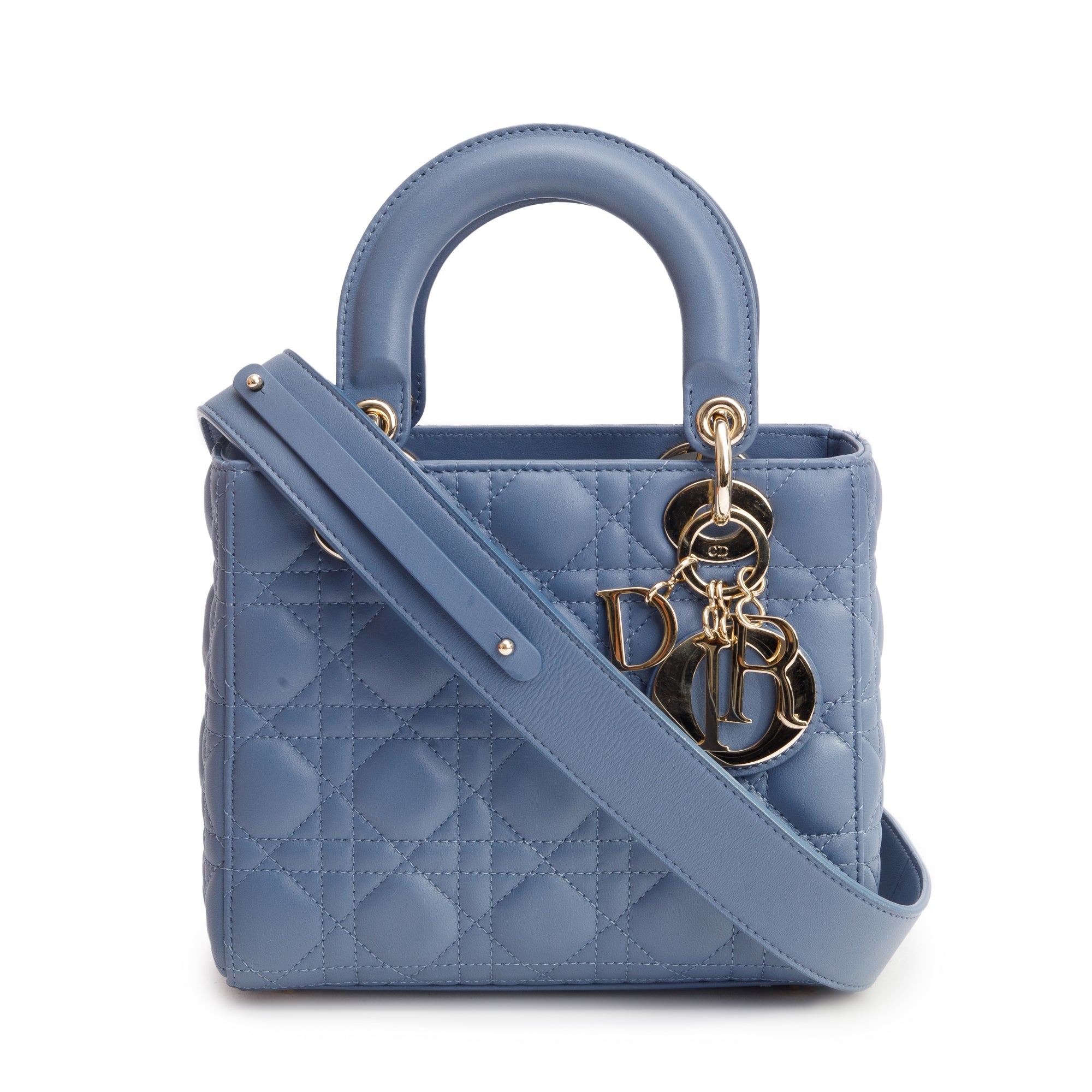 Christian Dior Blue Cannage Leather Small Lady Dior Bag w/ Strap & Authenticity Card