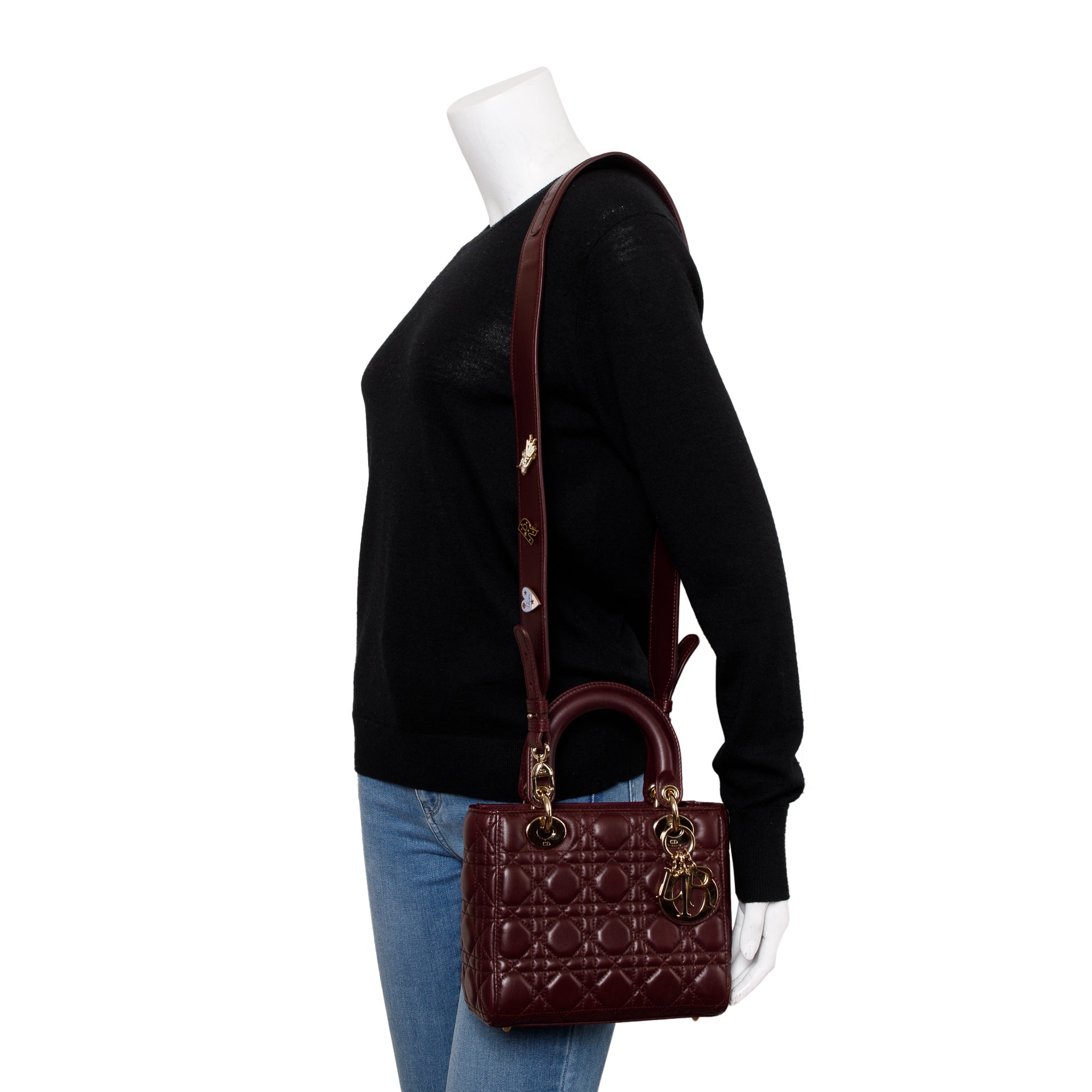 Christian Dior Burgundy Cannage Leather Small Lady Dior Bag w/ Strap, Box & Authenticity Card