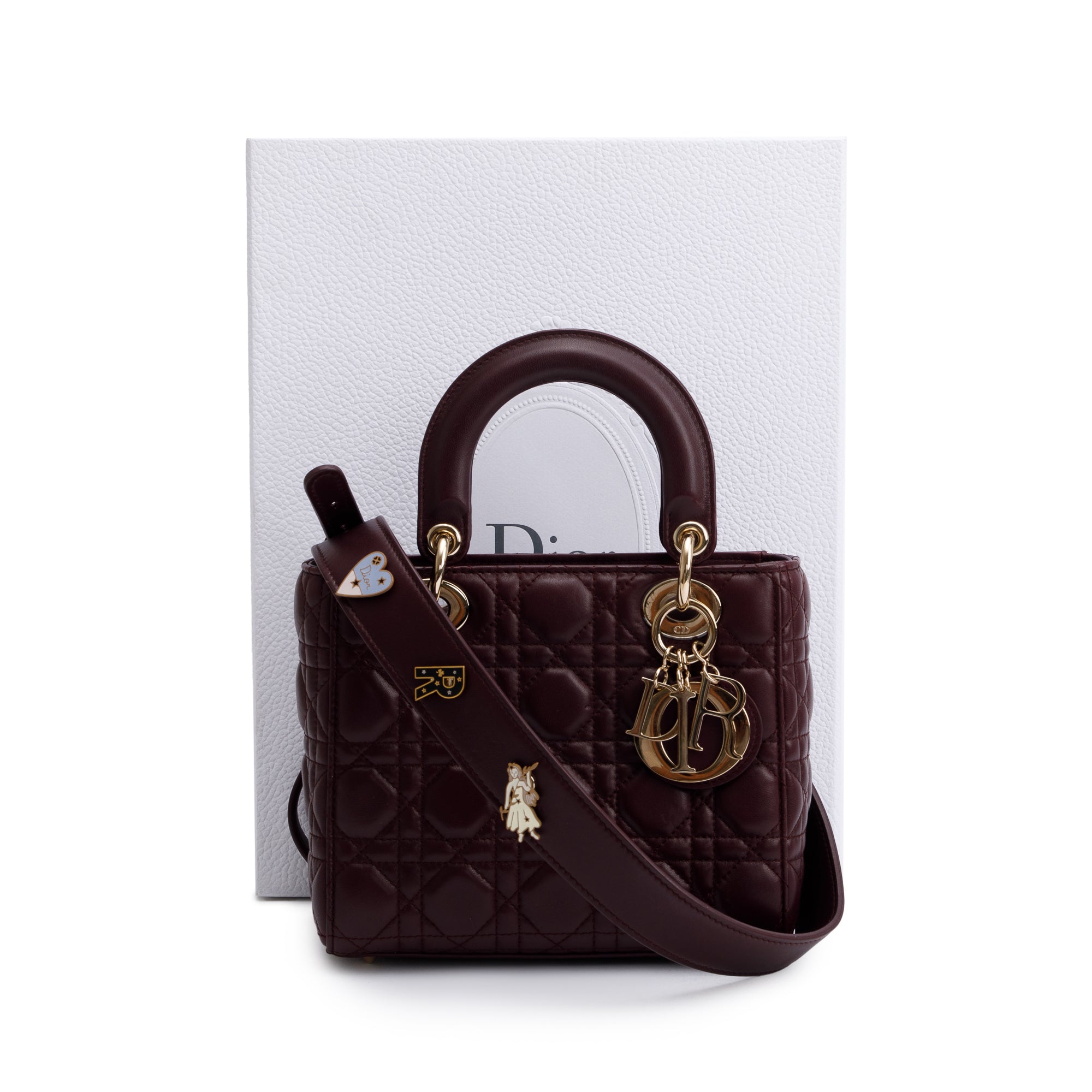 Christian Dior Burgundy Cannage Leather Small Lady Dior Bag w/ Strap, Box & Authenticity Card