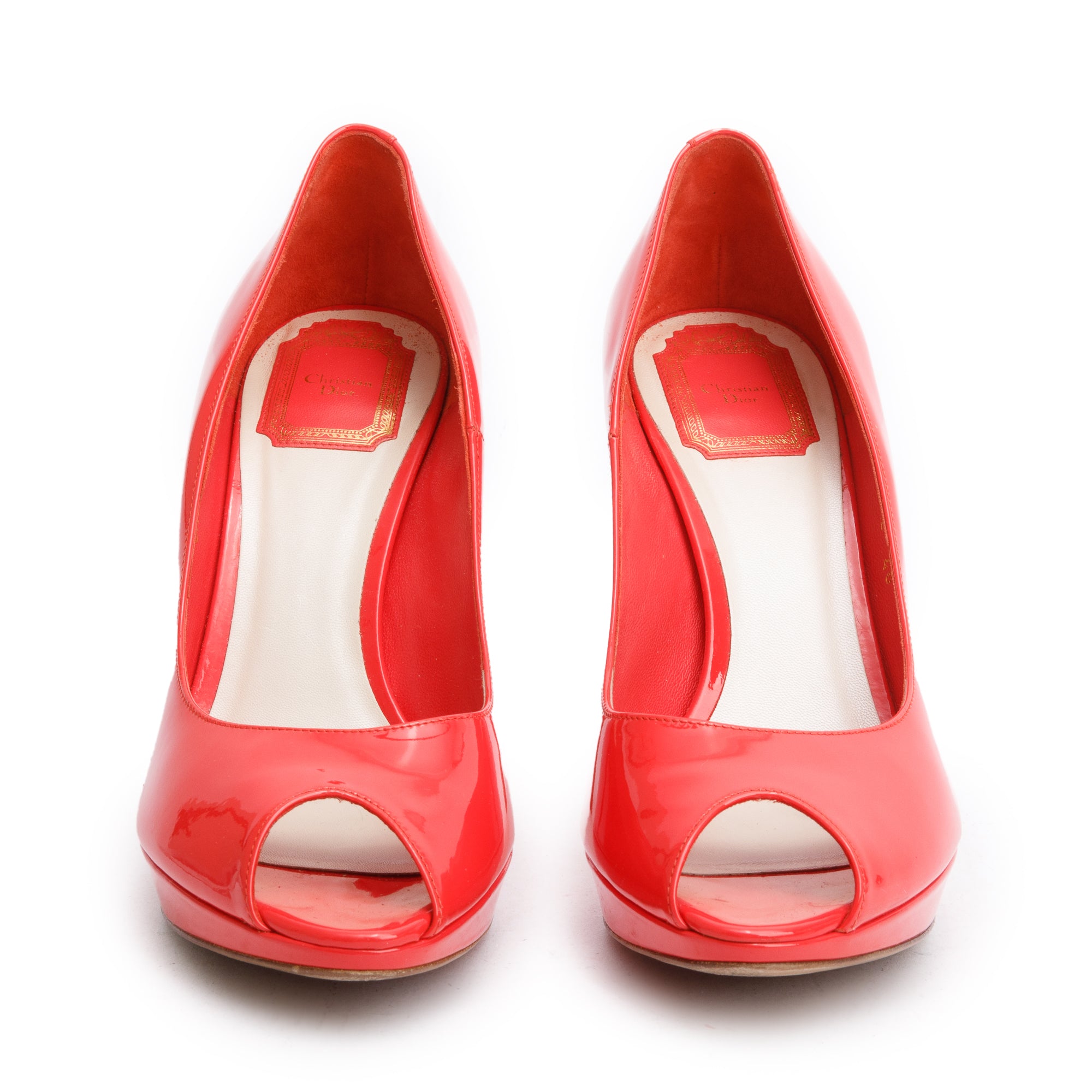 Christian Dior Coral Patent Leather Peep Toe Pumps, Size 40