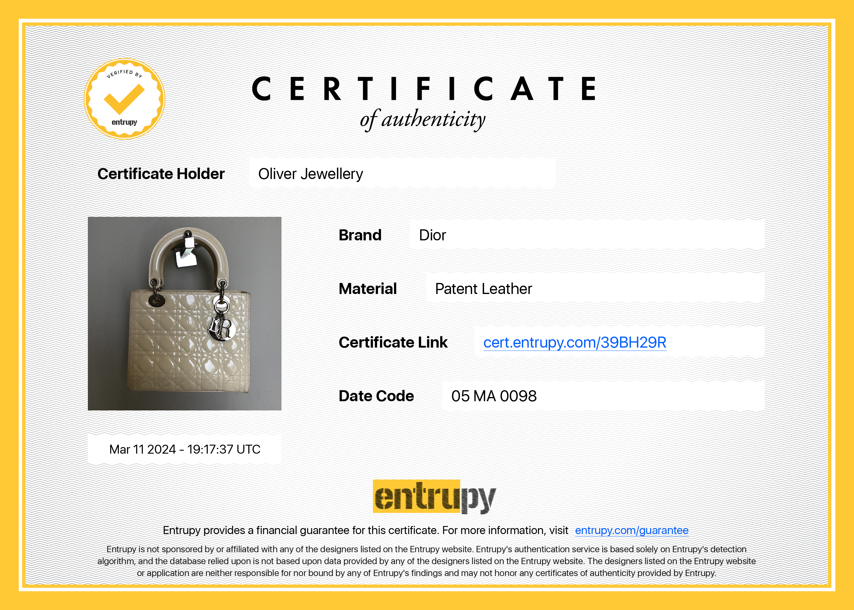 Christian Dior Creme Patent Leather Medium Lady Dior Bag w/ Strap