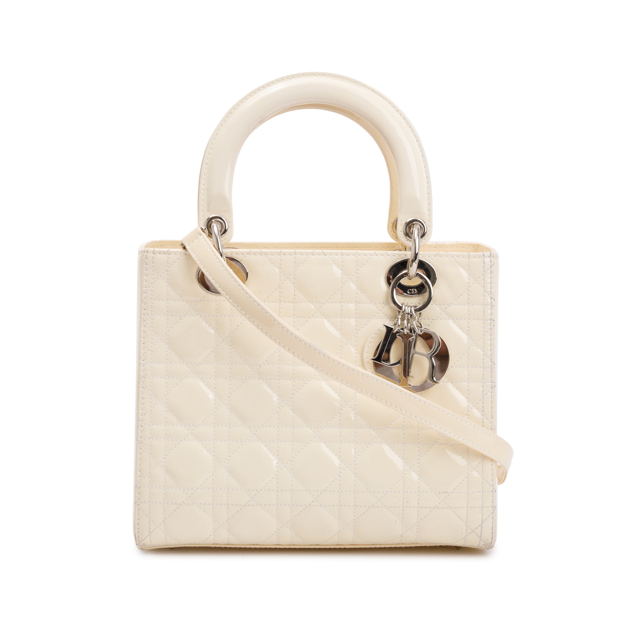 Christian Dior Creme Patent Leather Medium Lady Dior Bag w/ Strap