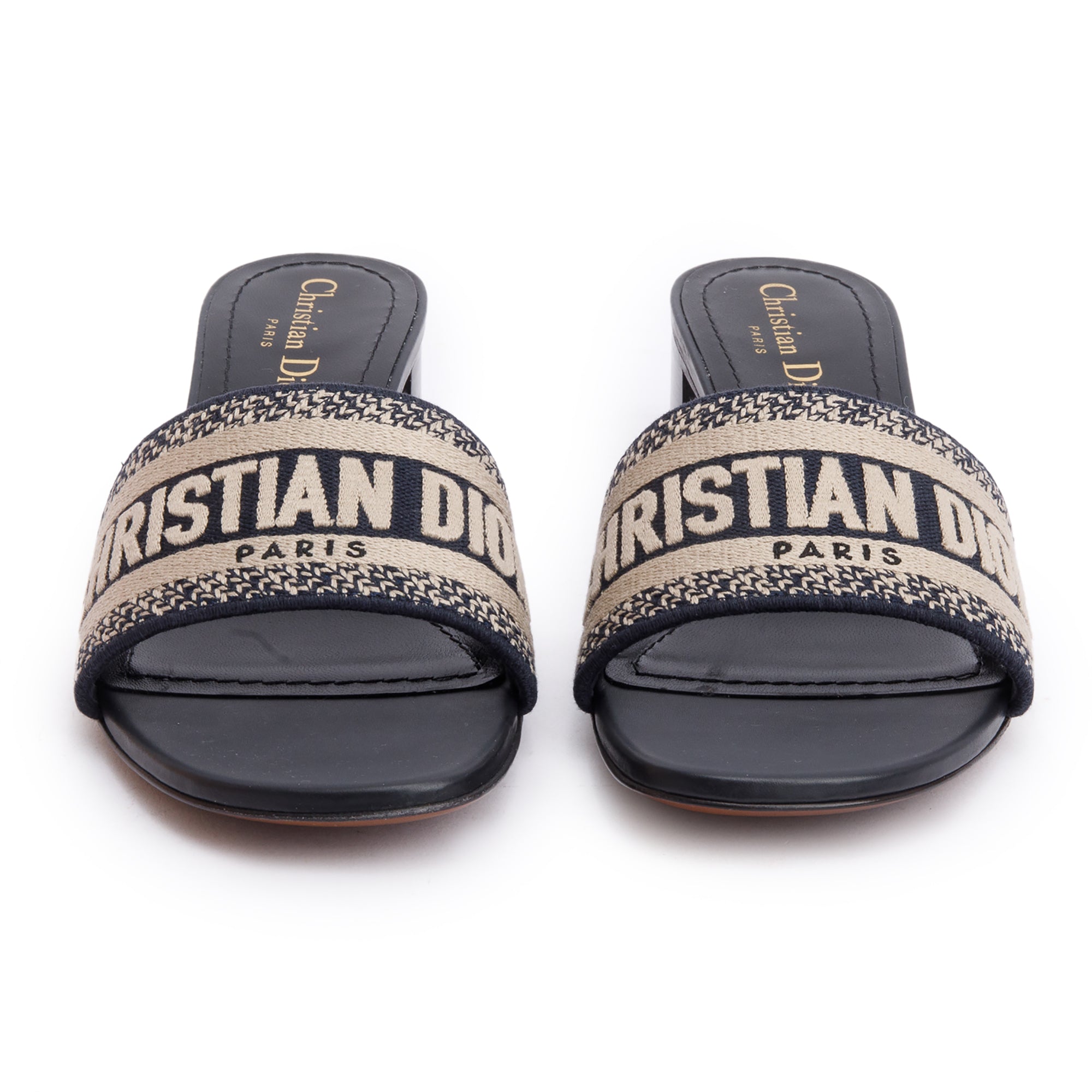 Christian Dior Deep Blue Embroidered Cotton Heeled Dway Slide, Size 39 w/ Box