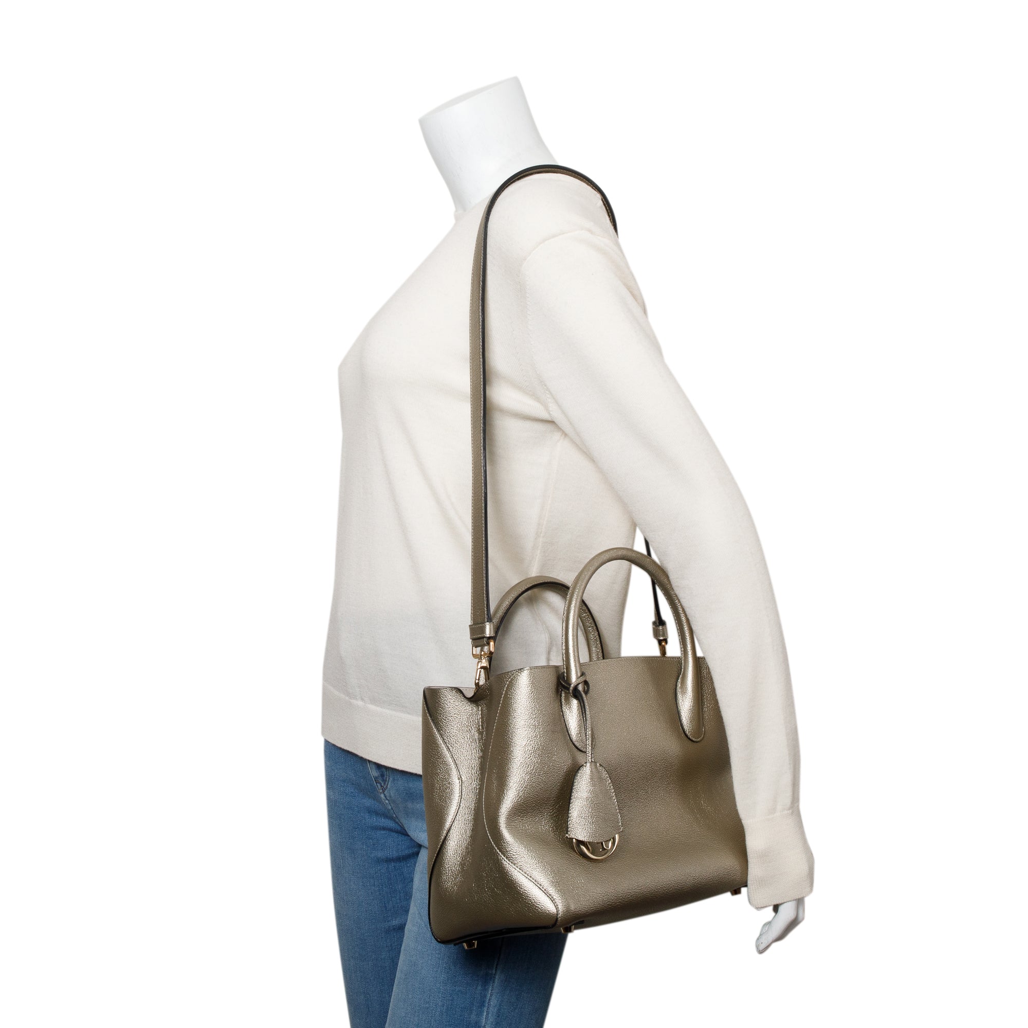 Christian Dior Gold Metallic Calfskin Leather Small Open Bar Tote w/ Strap & Authenticity Card
