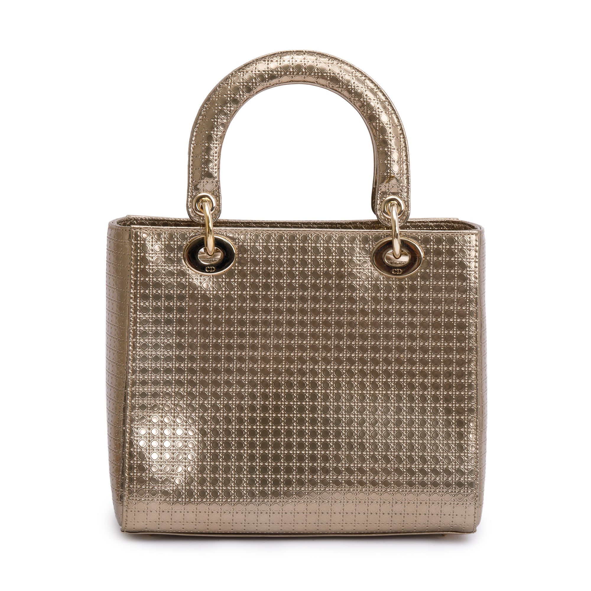 Christian Dior Gold Metallic Microcannage Patent Leather Medium Lady Dior Bag w/ Strap & Authenticity Card
