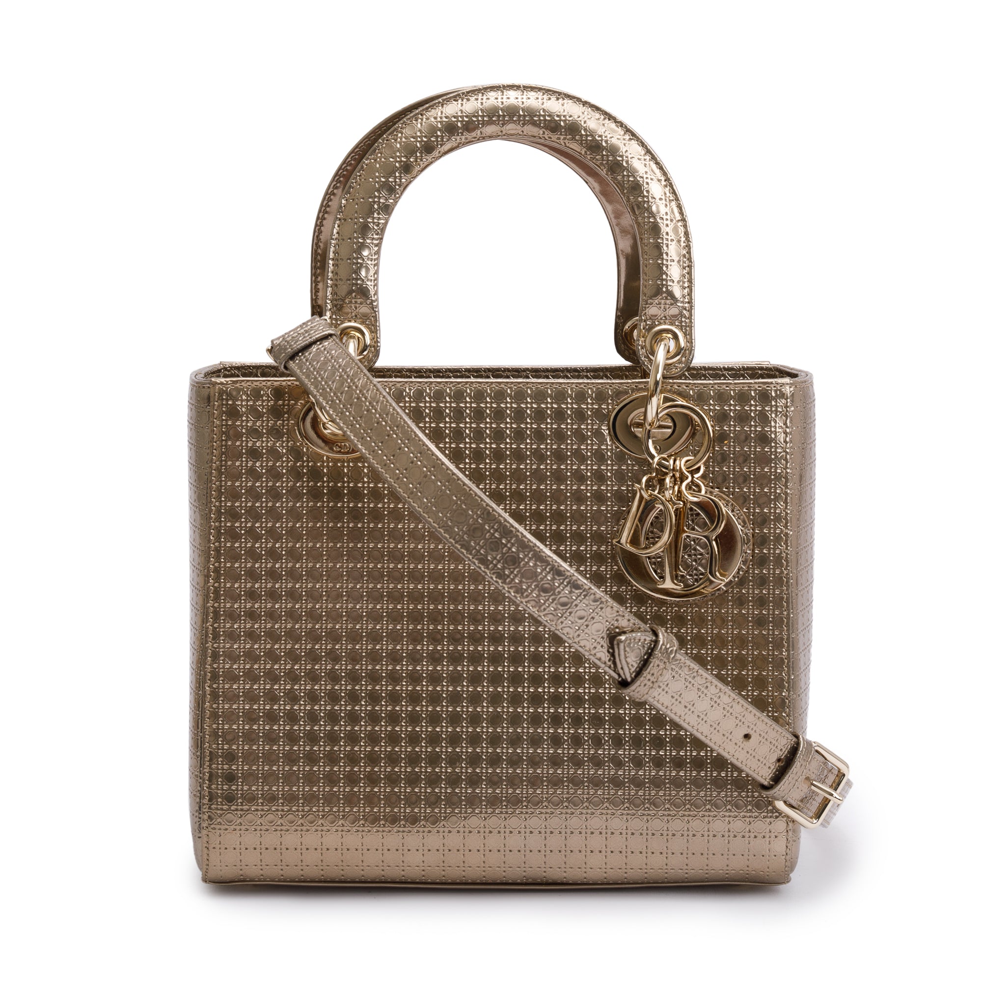 Christian Dior Gold Metallic Microcannage Patent Leather Medium Lady Dior Bag w/ Strap & Authenticity Card