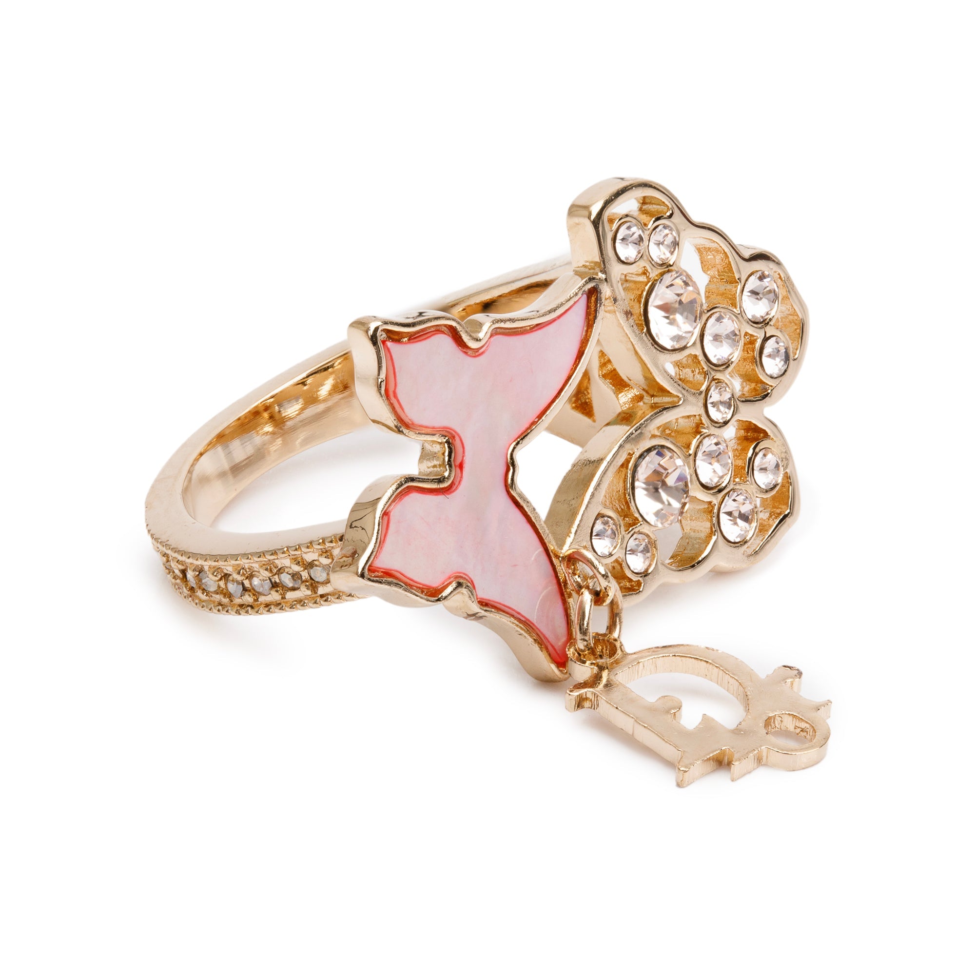 Christian Dior Gold Plated Crystal & Mother of Pearl Butterfly Ring, Size 6.5