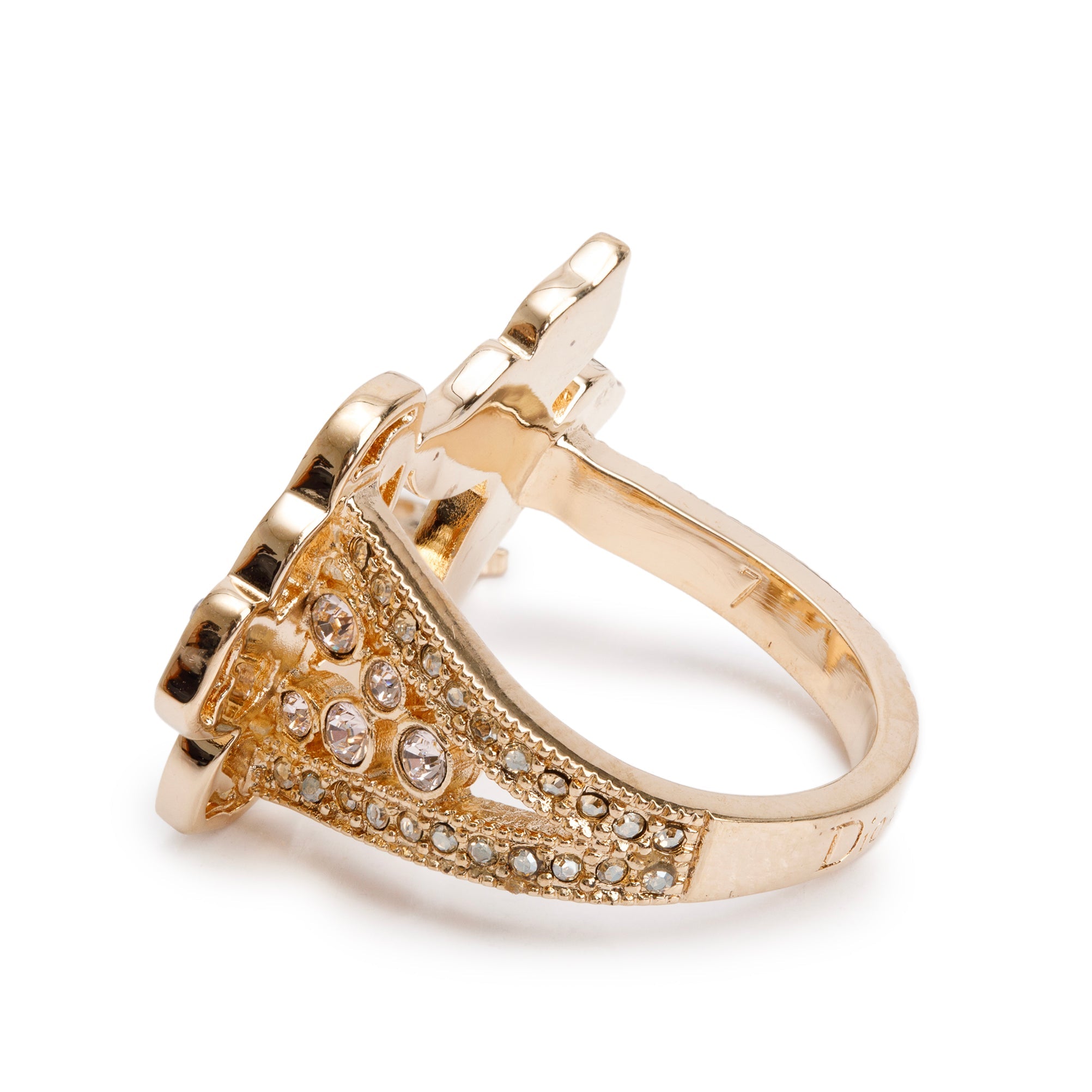 Christian Dior Gold Plated Crystal & Mother of Pearl Butterfly Ring, Size 6.5