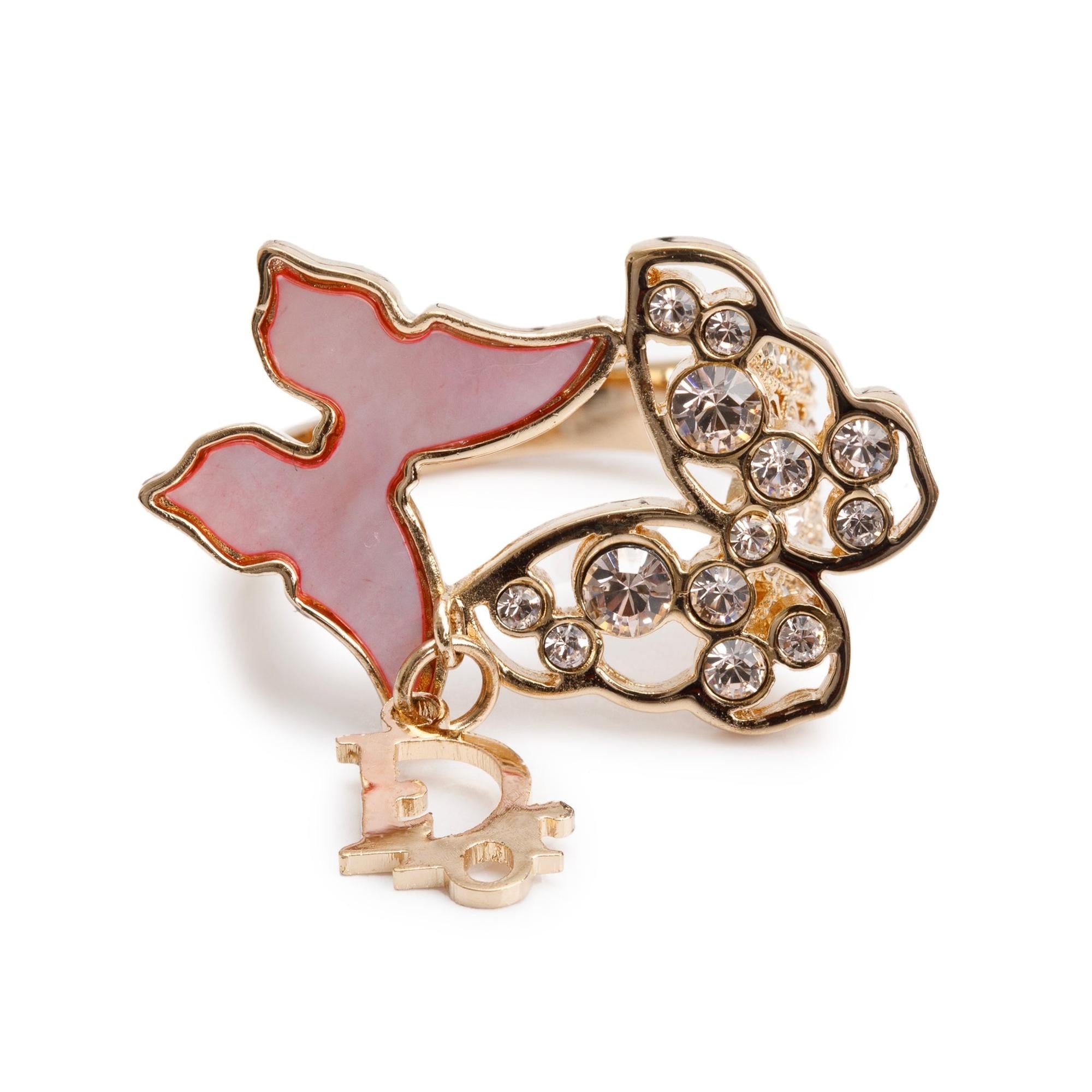 Christian Dior Gold Plated Crystal & Mother of Pearl Butterfly Ring, Size 6.5