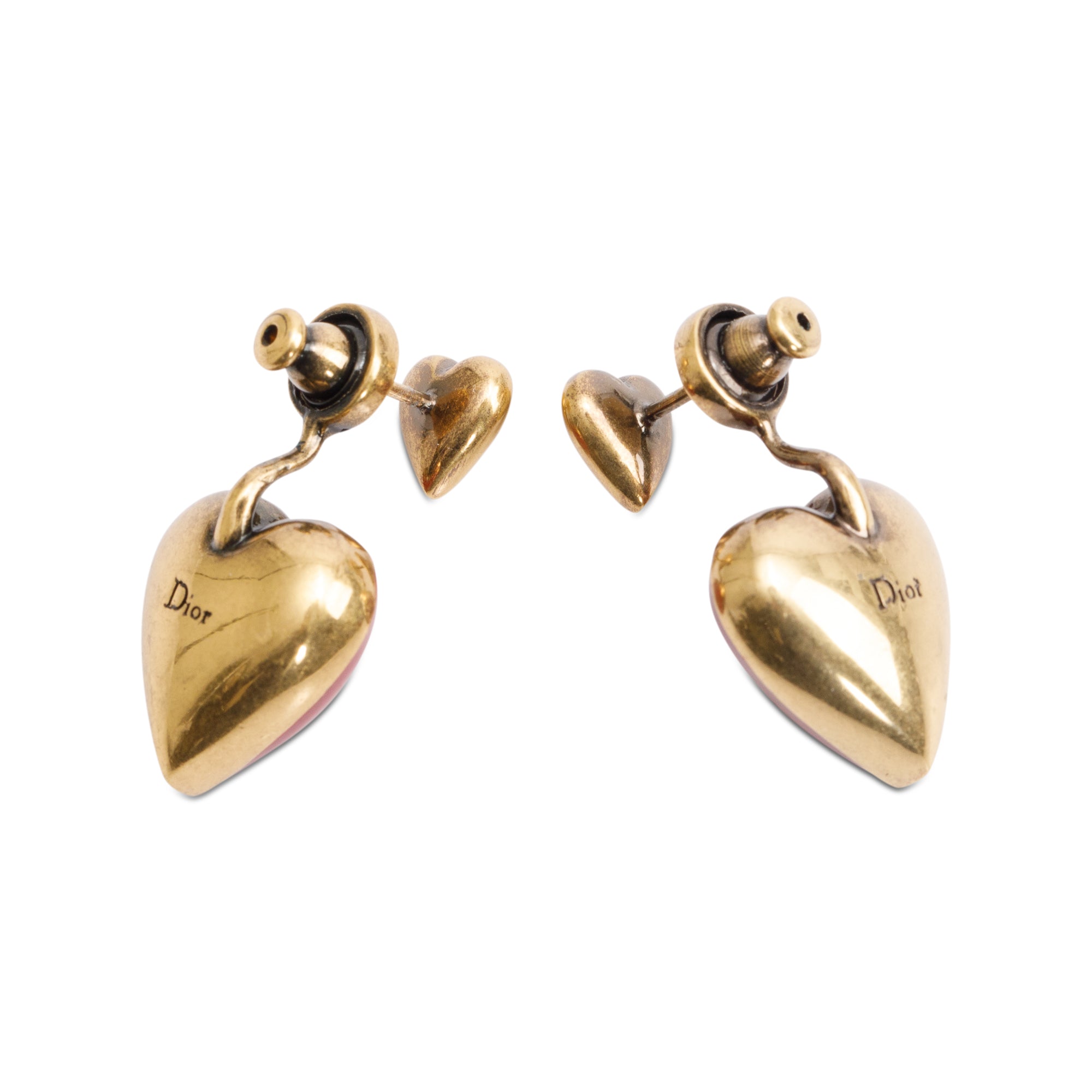 Christian Dior Gold Plated Enamel Heart Dioramour Drop Earrings